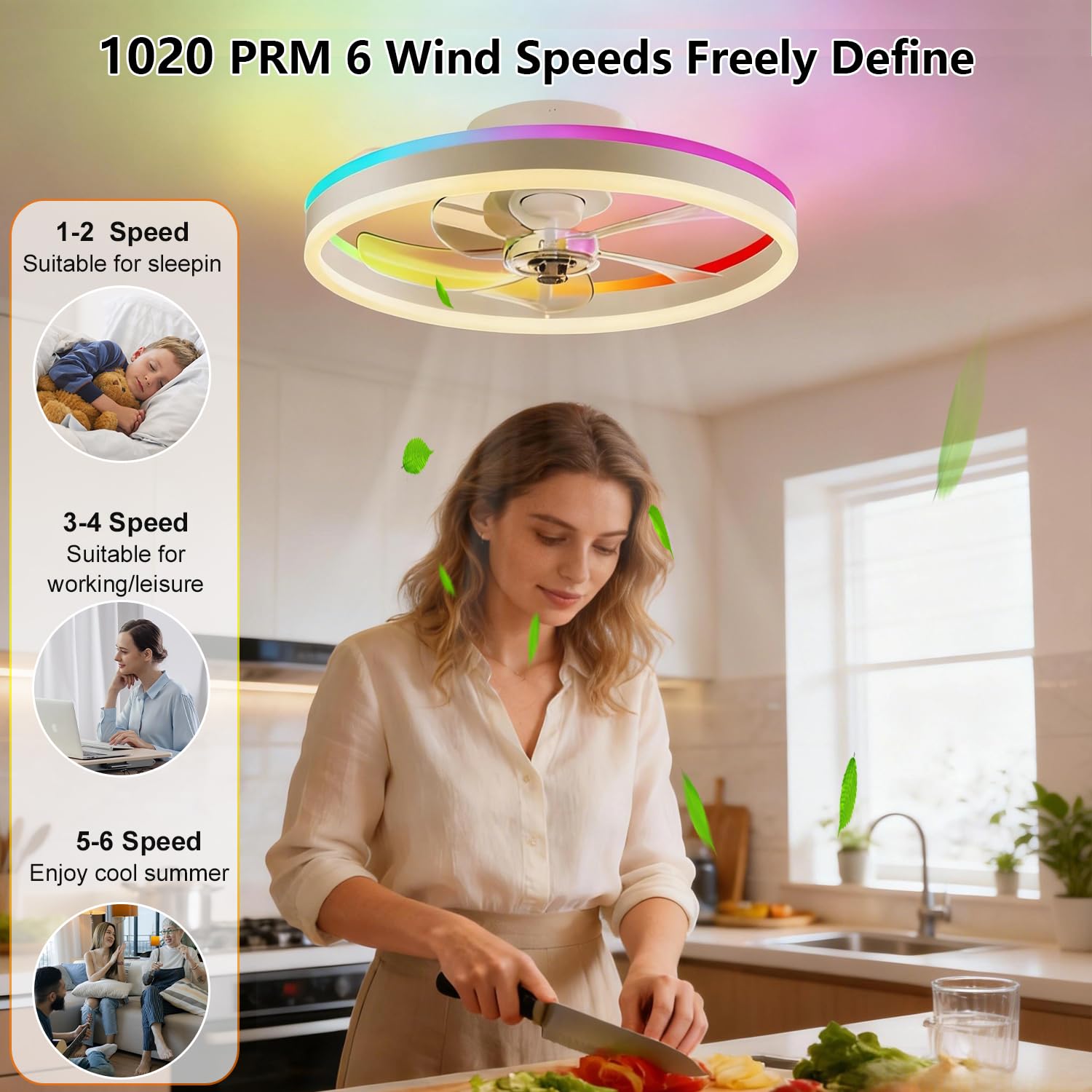 RGBCW - Ventilatore da soffitto con luce, 50 cm, da incasso, a basso profilo, con app e telecomando, 6 velocità reversibili, dimmerabile, per camera da letto e soggiorno
