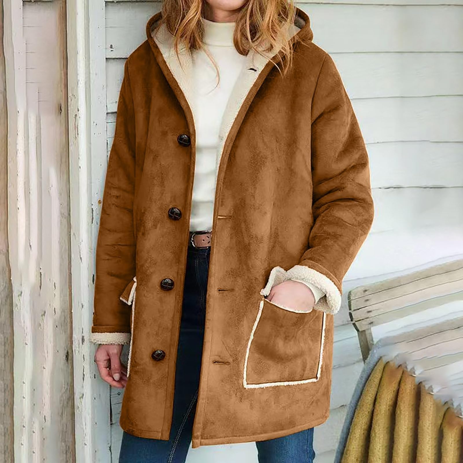 Chaqueta de cuero para mujer, chaqueta de invierno forrada larga y elegante, chaqueta de peluche cálida, forro de peluche, gabardina con bolsillos, chaqueta de forro polar gruesa para mujer, abrigo de