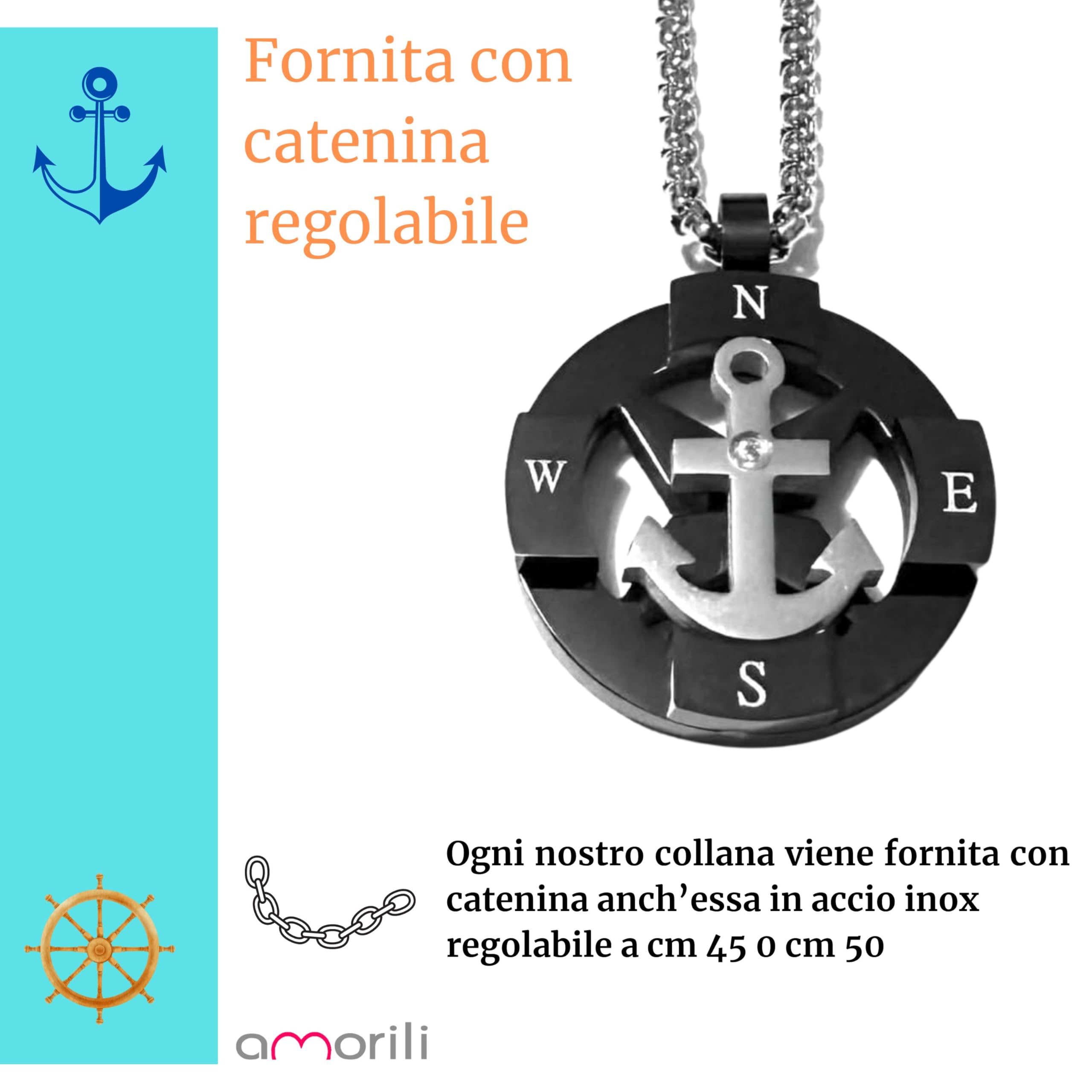 Collana Ancora Uomo in Acciaio Inox Vari Colori con Punti Cardinali – Simbolo Nautico Mare Estate Vela – Idea Regalo Uomo