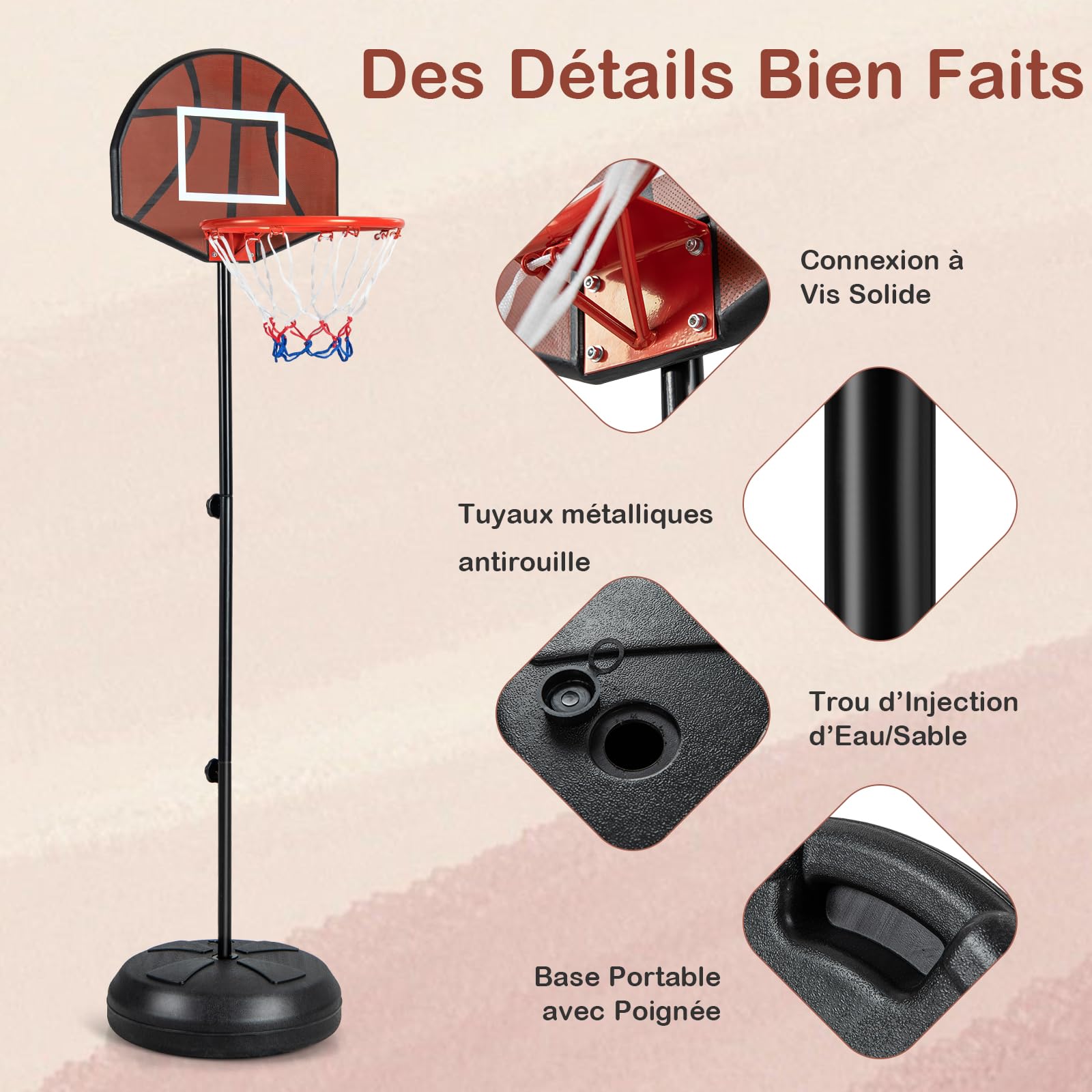 GYMAX 2-en-1 Panier Basket Enfants 3-10 Ans, avec Cible de Fléchettes, Hauteur Réglable 96/146cm, Base Remplissable Stable, 6 Fléchettes, pour Intérieur et Extérieur, pour Garçons et Filles