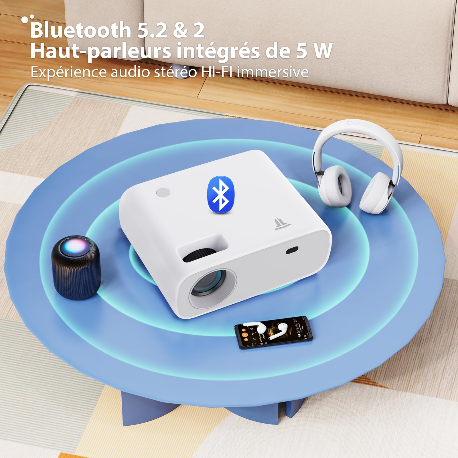 Projecteur WiFi Bluetooth 200 Pouces - Compatible Android IOS HDMI USB