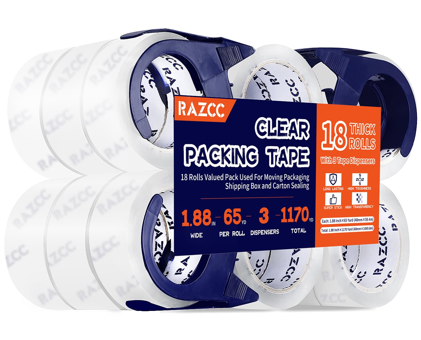packing tape, 18 rolls clear heavy duty packaging tape with dispensers for packing, shipping, moving and mailing, thicker sealing tape-1.88\" x 65 yards per roll, 1170 total yards 1.88\"-18 rolls