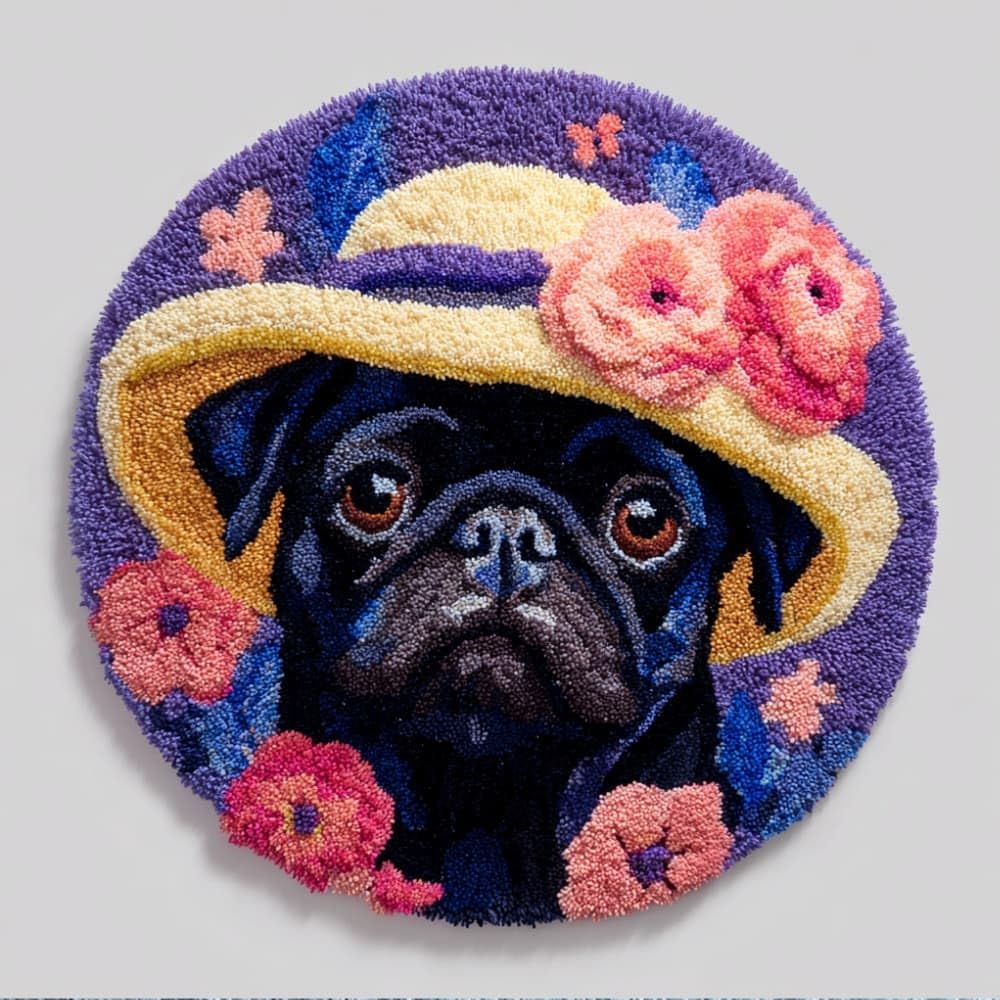 WallustrioaW Round Latch Hook Rug Kits Pug for Adults and Starter 50 * 50Cm