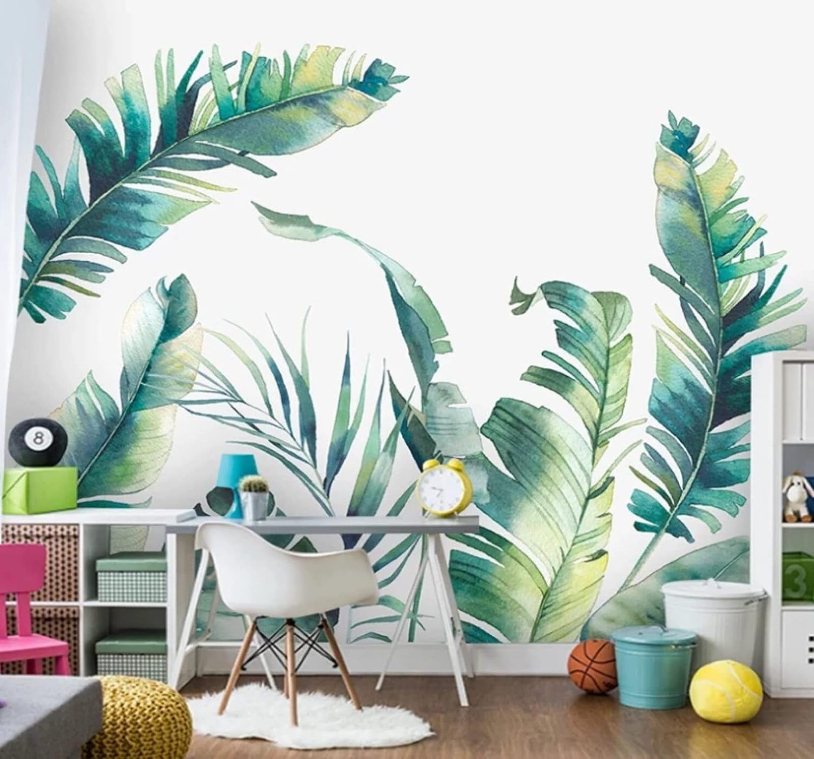 XLMING Hand Drawn Fresh Plants Green Banana Leaves 3D Wallpaper Luxury Silk Study Dining Feature Sofa Grey Bedroom Living Room Tv Decorative Wall-400cm×280cm