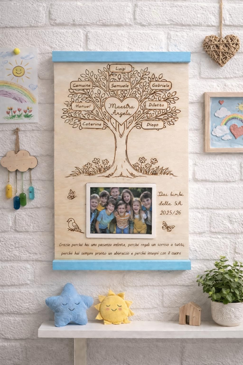 Targa in Legno Personalizzabile con Foto per Maestra e Maestro, Idea Regalo Fine Anno con Dedica degli Alunni, Albero della vita