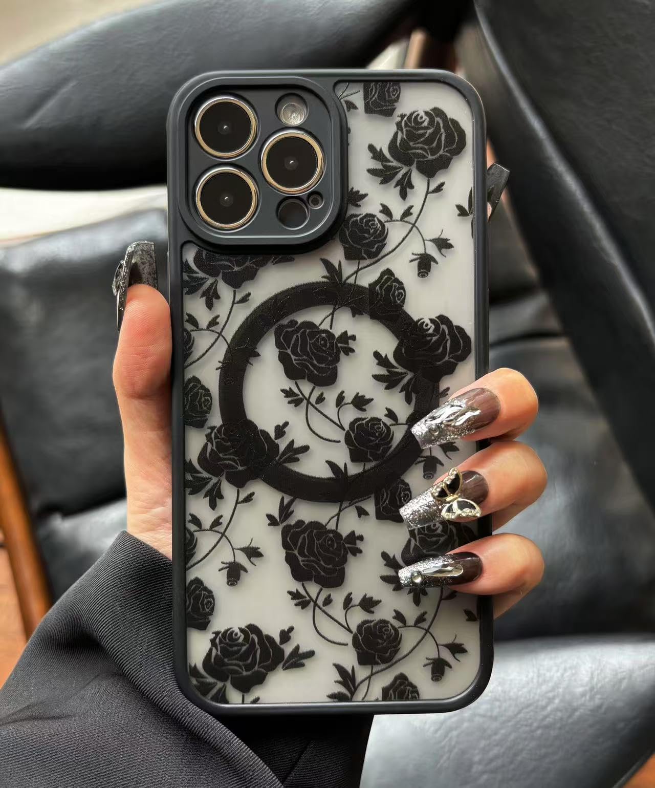 Case for iPhone 12 Pro Max [Compatible with MagSafe] Aesthetic Black Rose Goth Design for Women Girls | Soft TPU Bumper Hard PC Back Translucent Matte Protective Slim Magnetic Phone Cover