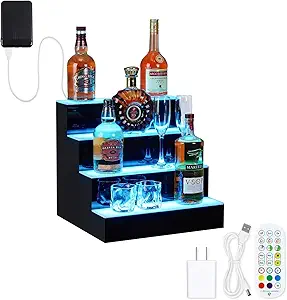 4 Tiers LED Lighted Liquor Bottle Display,16in LED Liquor Shelf with Remote & App Control,16 Colors,4 Modes,Bottle Shelf Multi-Color Lighting Modes,Bars