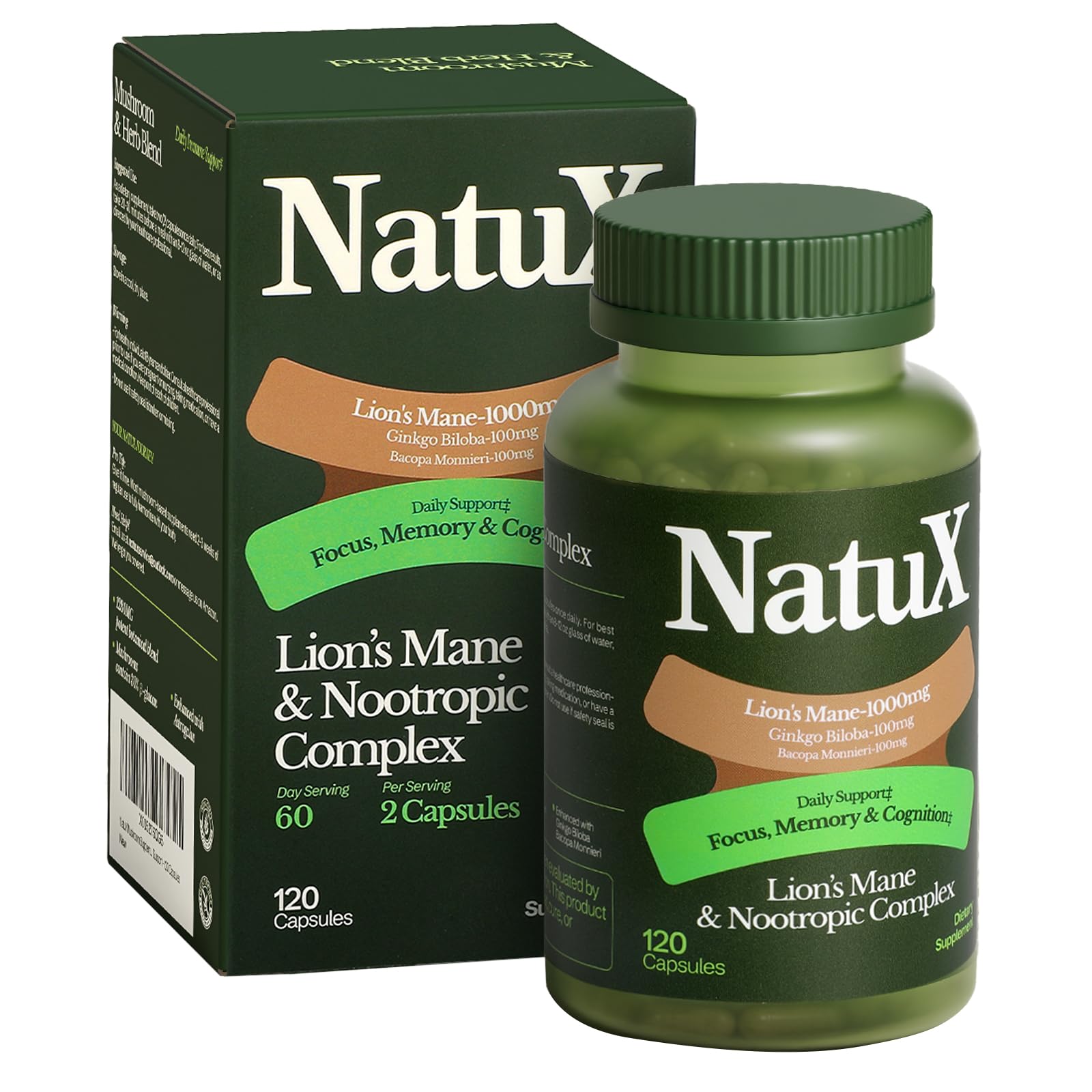 NatuX Suplemento de Cogumelos com Lion's Mane, Ginkgo biloba e Bacopa monnieri, 1.210 mg, 120 cápsulas