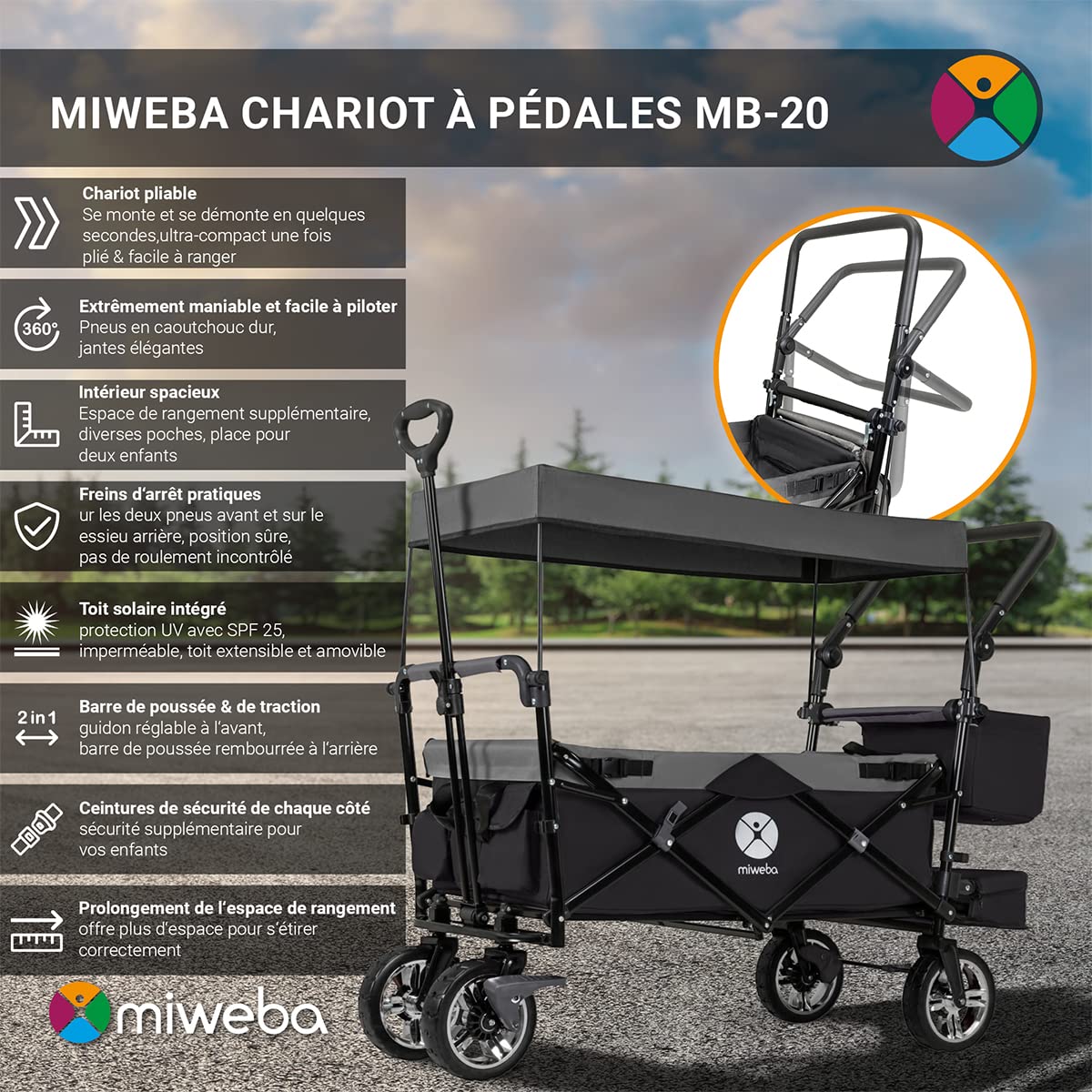Miweba Chariot pour Enfants MB-20 - Chariot Pliable - Système de Harnais à 2X 3 Points - Frein de Stationnement - Roues en Caoutchouc Dur - Pare-Soleil avec Protection UV (LSF25)