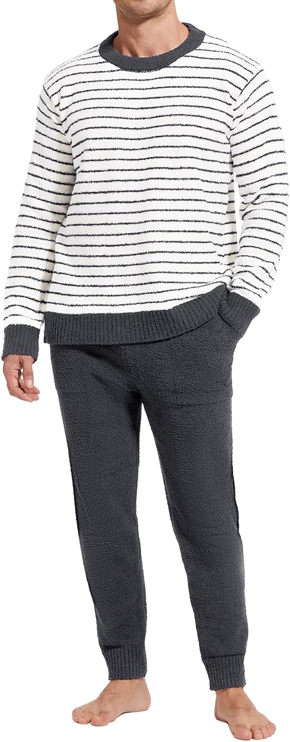 Yimoon Mens Fleece Pajama Set Striped Warm Fluffy Pjs Set Winter Long Sleeve Soft Fuzzy Sleepwear