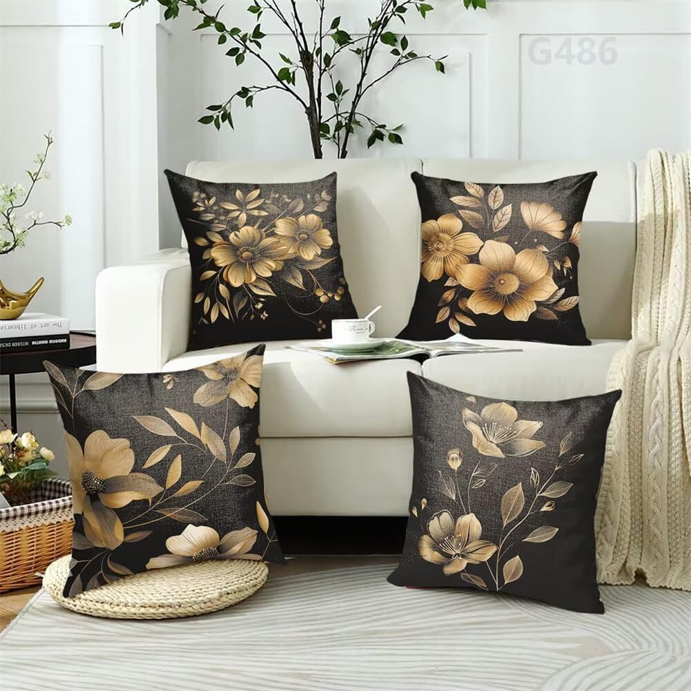 Federe Cuscini Divano 55 x 55 Copricuscini da Esterno Impermeabili Set di 4 Cuscini Nero Cuscini per Divano in Lino Cuscini Esterno Impermeabili Foglia Cuscini Decorativi, Regalo Donna, Giardino N-1