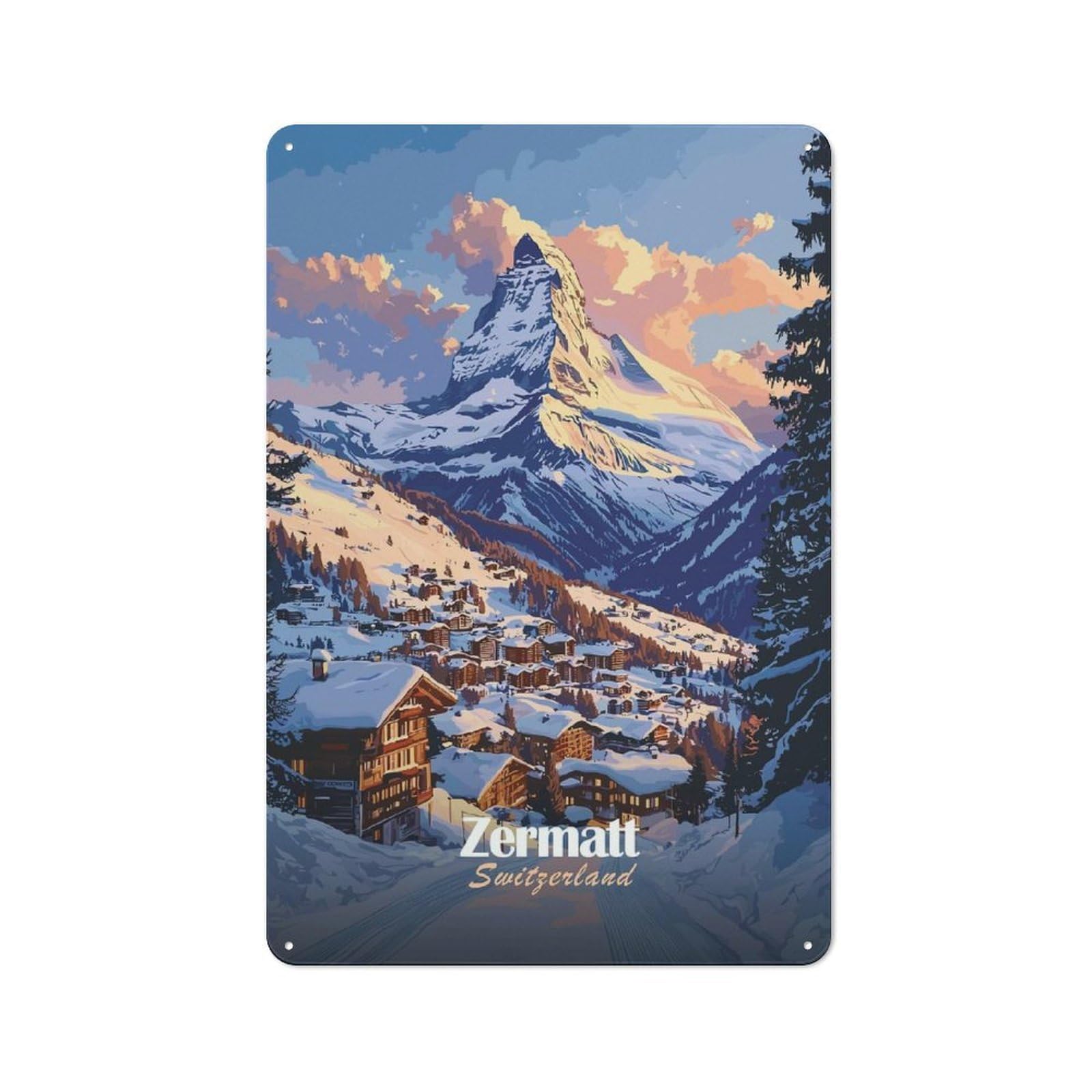 Junmoney Style-10 Zermatt Switzerland Mountain View Retro Metal Sign 30X20cm For Home Office Or Studio, Suited To Home Office Decor Fans