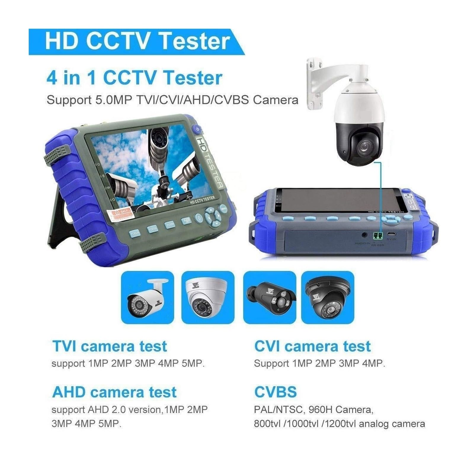 Tester CCTV, Tester CCTV 4 in 1 da 5 pollici, tester di videosorveglianza AHD TVI CVI supporta telecamera con uscita 8MP, 12V portatile