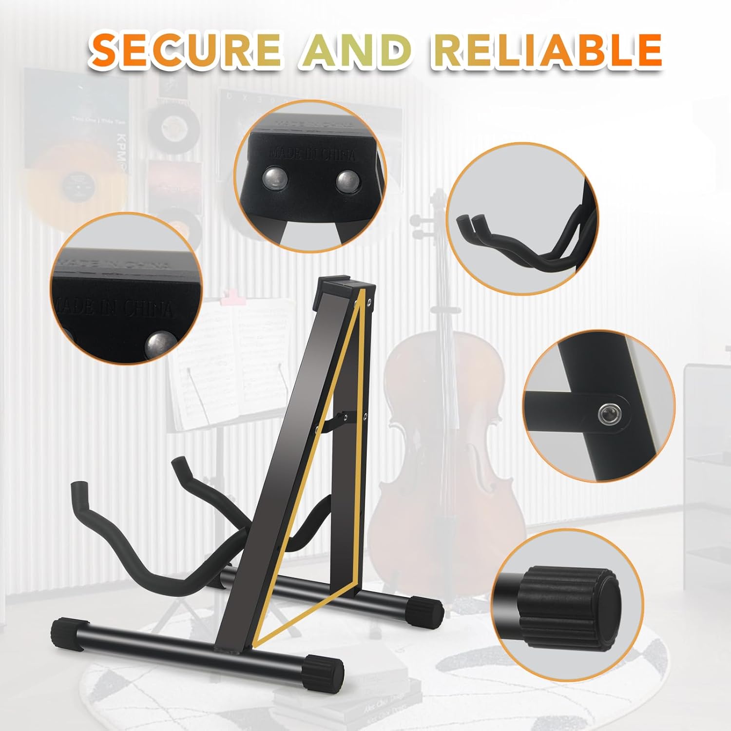 GeeWin Cello Stand,A-Frame Folding Violin Support Stand,Cello Holder for 1/8-4/4 Cellos, Guitar Stand,Guitars for Acoustic, Electric Guitar,Bass,Guitar Holder Stand,Black