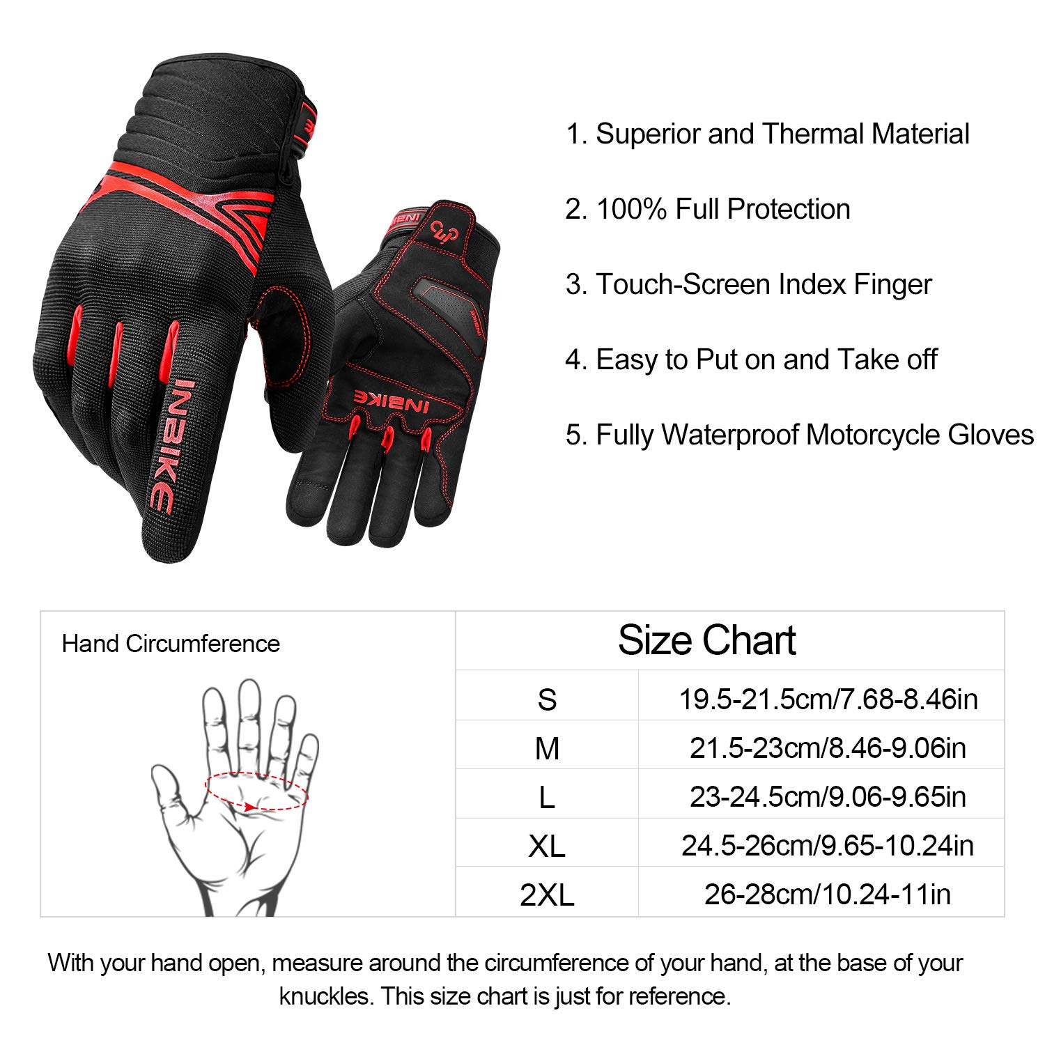 INBIKE Gants de moto d'hiver imperméables en polaire thermique avec rembourrage en TPR pour paume de la main Rouge Taille L