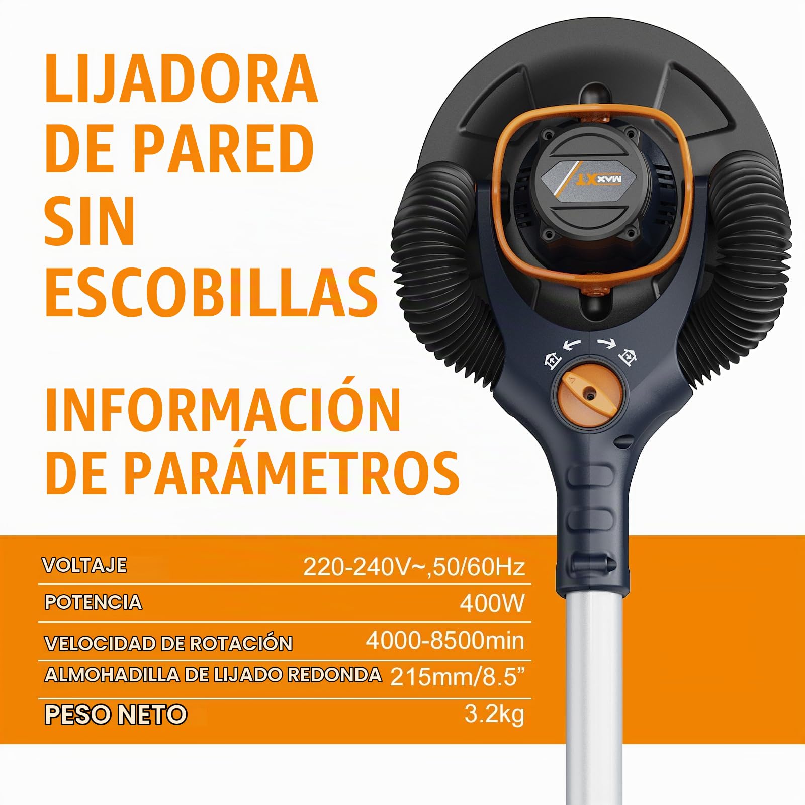 MAXXT Lijadora de Yeso Sin Escobillas - Órbita 4mm, Doble Canal con Adhesión al Techo, Modo Canal Simple/Doble para Paredes, 4000-8500 RPM, Luz LED, Plegable, 400W, Mango 1,65M, Plato 215mm