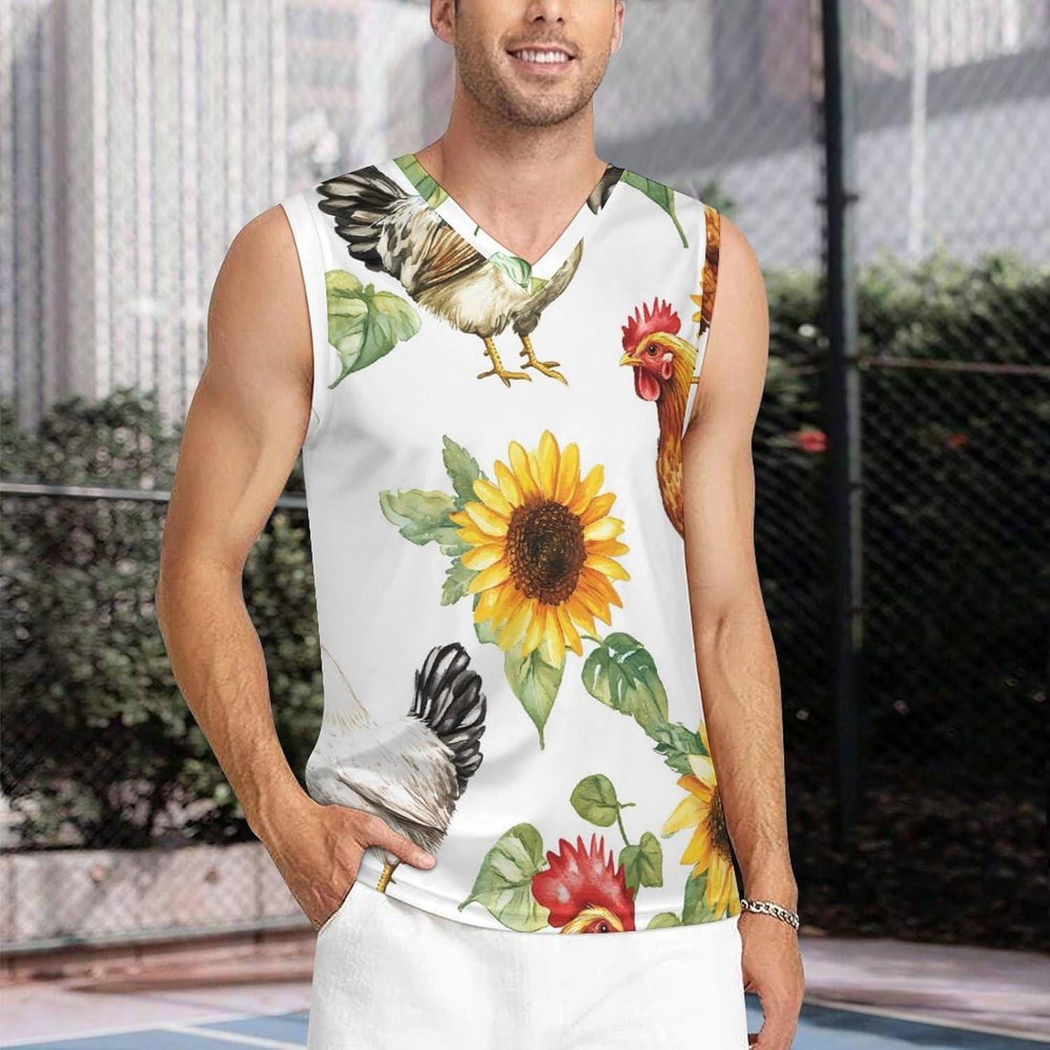 Sunflowers Chickens Roosters Men's V-Neck Basketball Tank Top Sleeveless Workout Tank Shirts Gym Fitness Tees Vest