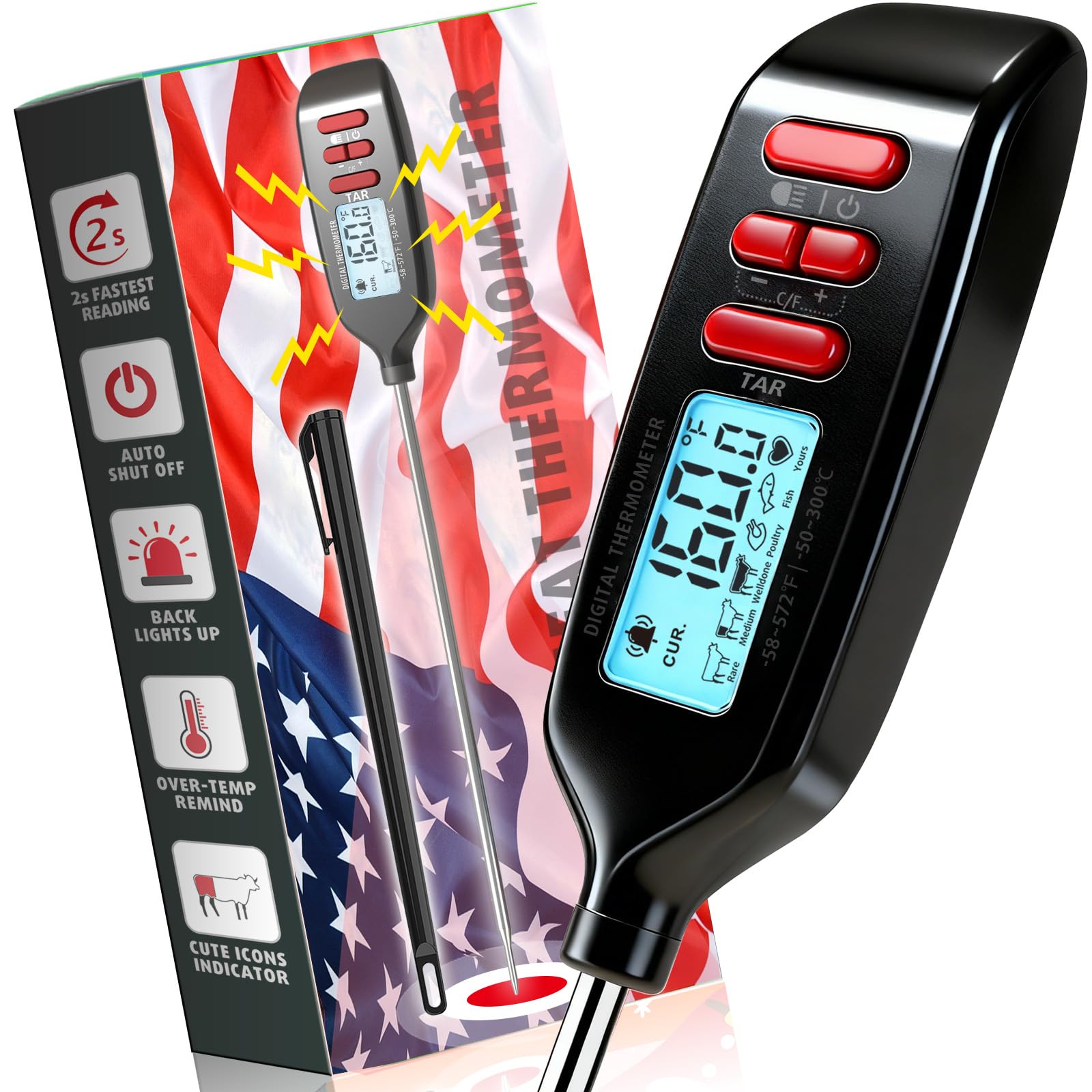 Antonki Meat Thermometer Digital, Smart Instant Read Food Thermometer with Super Long Probe for Cooking Grilling Baking Kitchen Candy BBQ Oil Liquid, Backlit Display, Battery Included