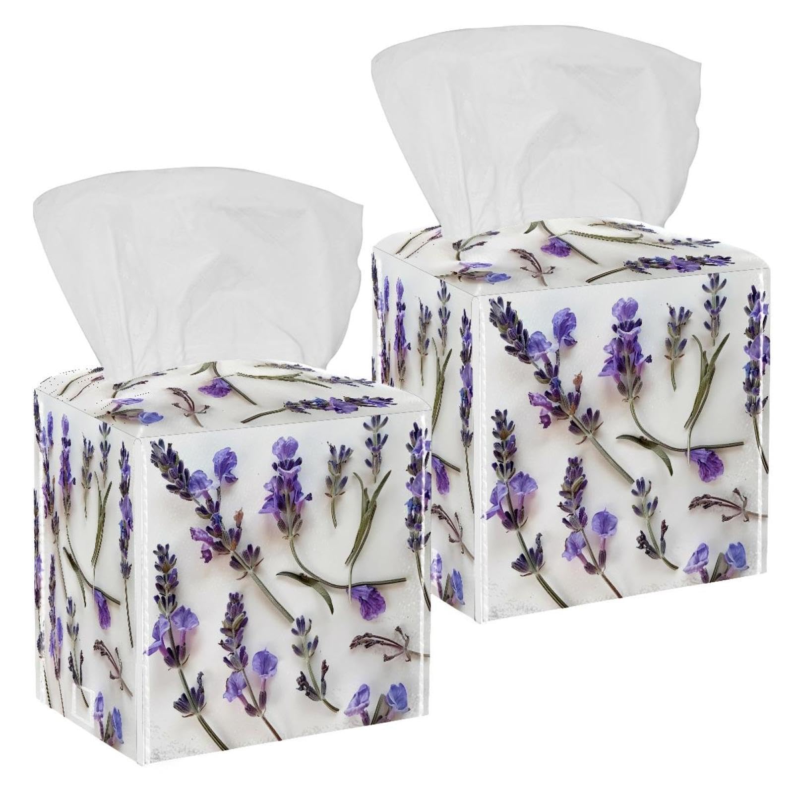 Lavender Purple Pattern Tissue Box Cover, 2 Pack PU Leather Square Facial Tissue Dispenser Box holder for Home Office Car