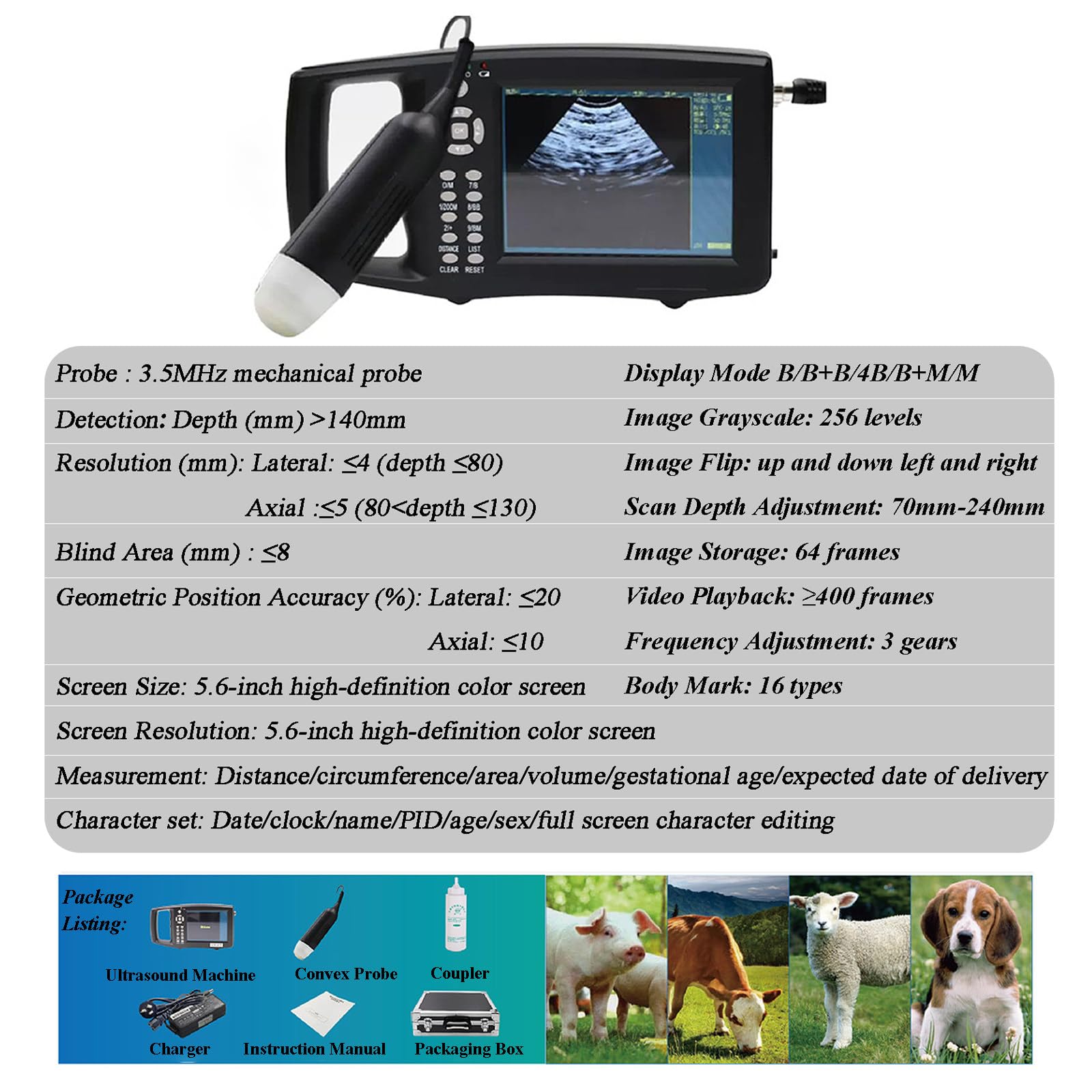 Ecografo Veterinario Portatile Riproduzione HD a Colori Multifunzionale, Rilevatore di Ultrasuoni Veterinario, Macchina per Test Gravidanza