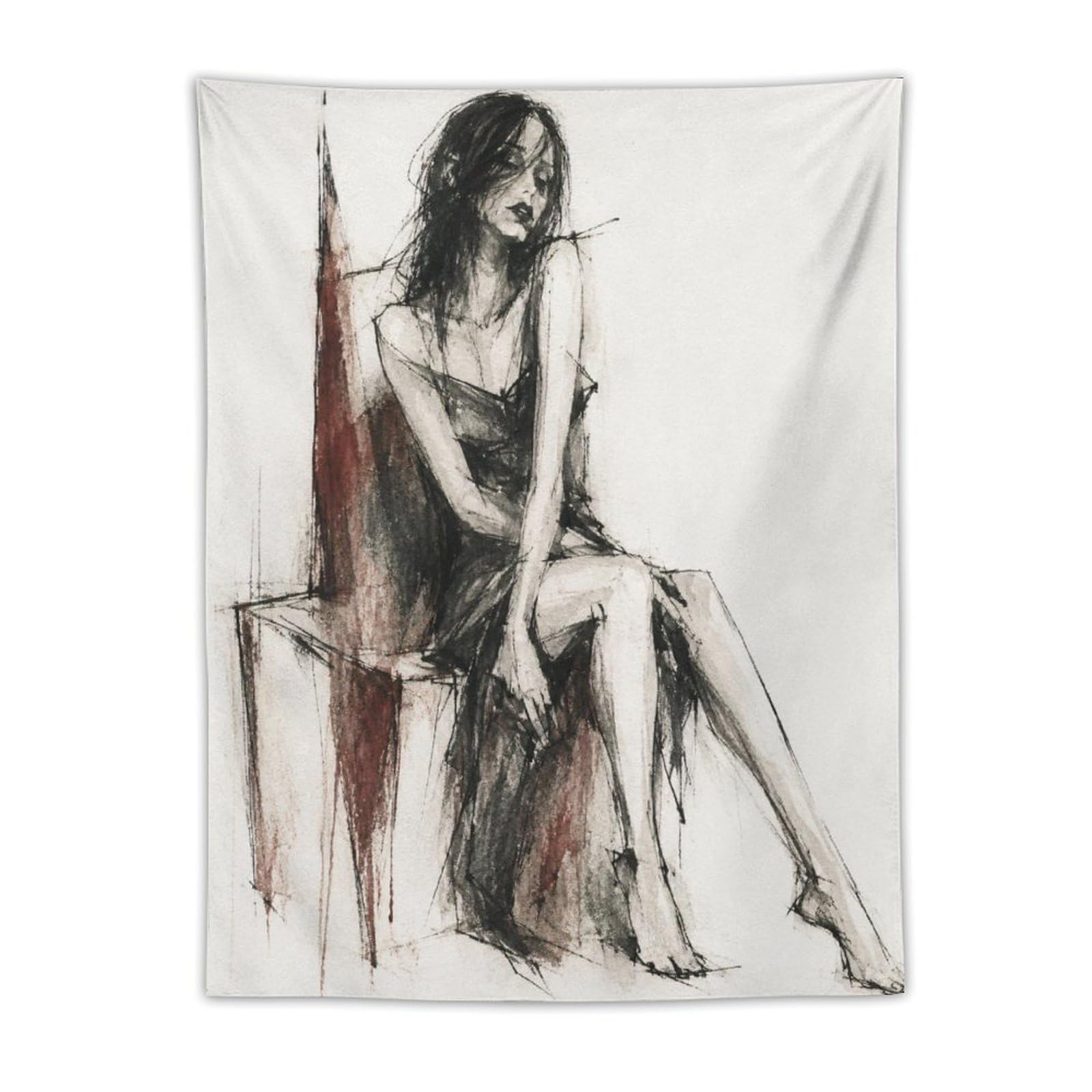 H3B8U2Y5 Seated Woman Charcoal Sketch Wall Tapestry, Realistic Illustration