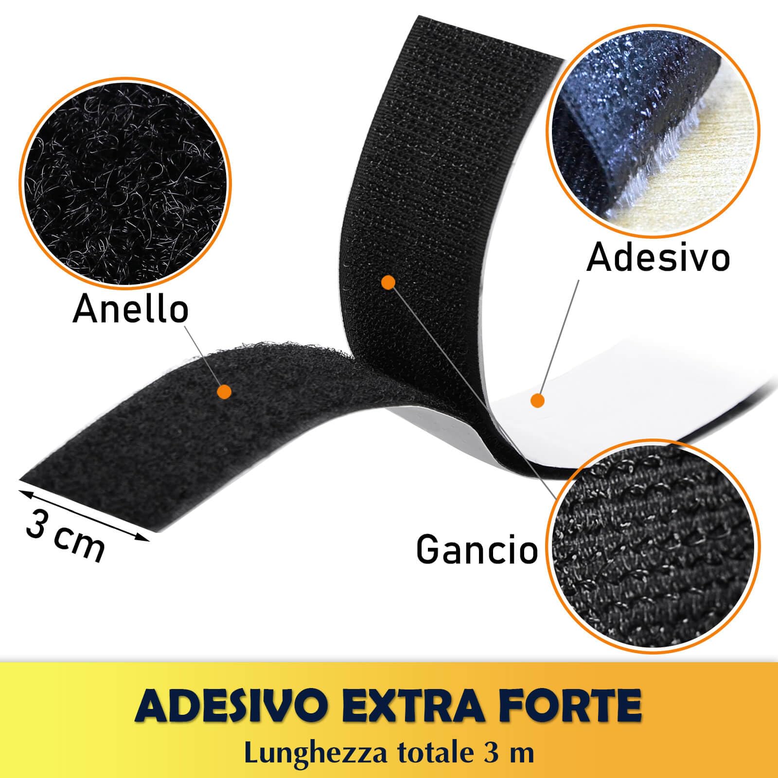Nastro Adesivo 3 Metri 30 mm, Strisce Laccio Adesivo Aderenza Forte, Autoadesivo Hook Loop per Lavori di Casa, DIY (Nero, 30 mm x 3 m)