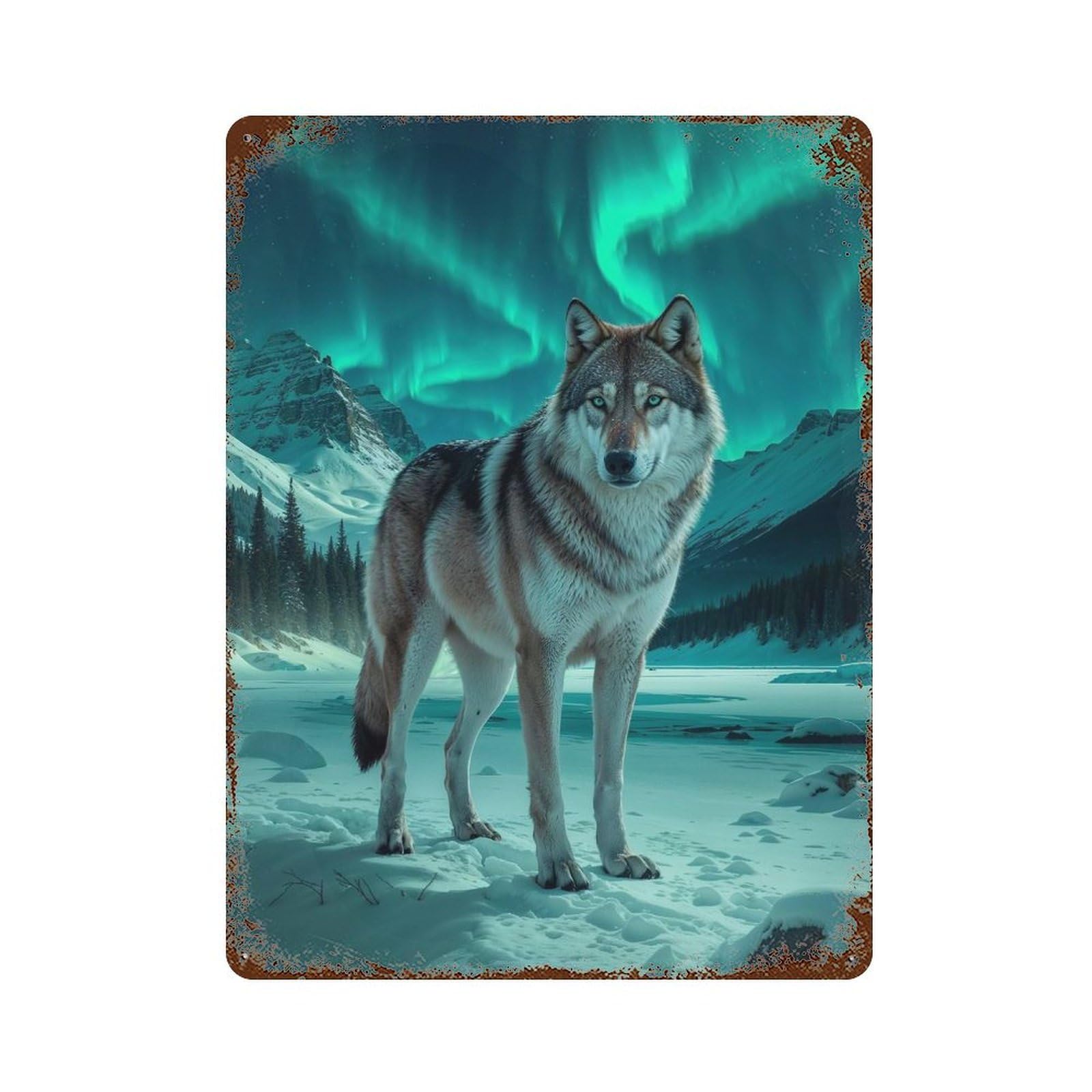 Weathered Tin Sign with Wolf Under Aurora Borealis Design 15.7"x11.8", for Office, Studio And Wall Decor, Retro Wall Decor