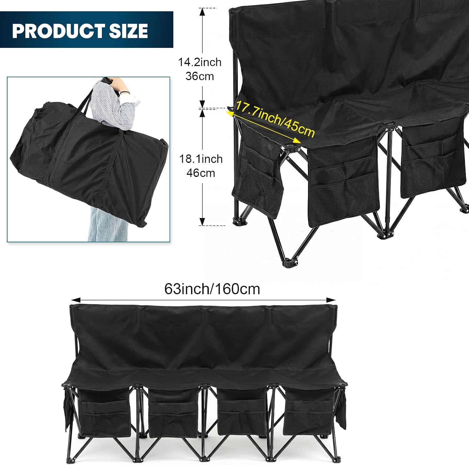 Wonderjune Folding Soccer Bench Portable Sports Team Bench with Pockets and Carrying Bag for Sports Team Outdoor Camp Travel Soccer Practice (Black,4 Seat)