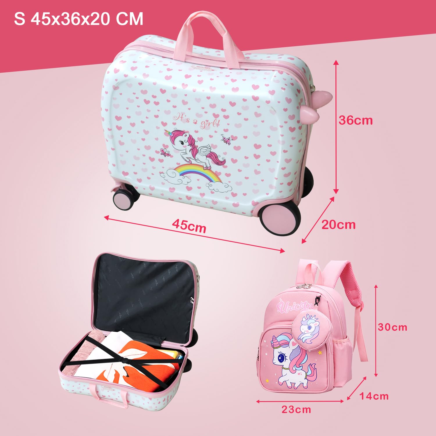 R.Leone Valigia Cavalcabile per Bambina EasyJet 45x36x20 cm + 30x23x14 cm Set 2 Pezzi Trolley Bagaglio a mano 4 Ruote e Zaino 3252 (Unicorno, Valigia 45x36x20cm+Zaino con corno)