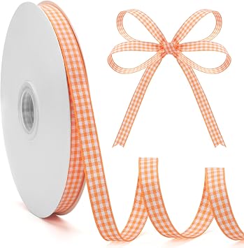 Orange Gingham Ribbon - 3/8 Inch x 50 Yds Orange and White | Ribbon for Gift Wrapping Plaid Buffalo Checkered Ribbon for Crafts Fall Thanksgiving Halloween Picnic Outdoor Decor
