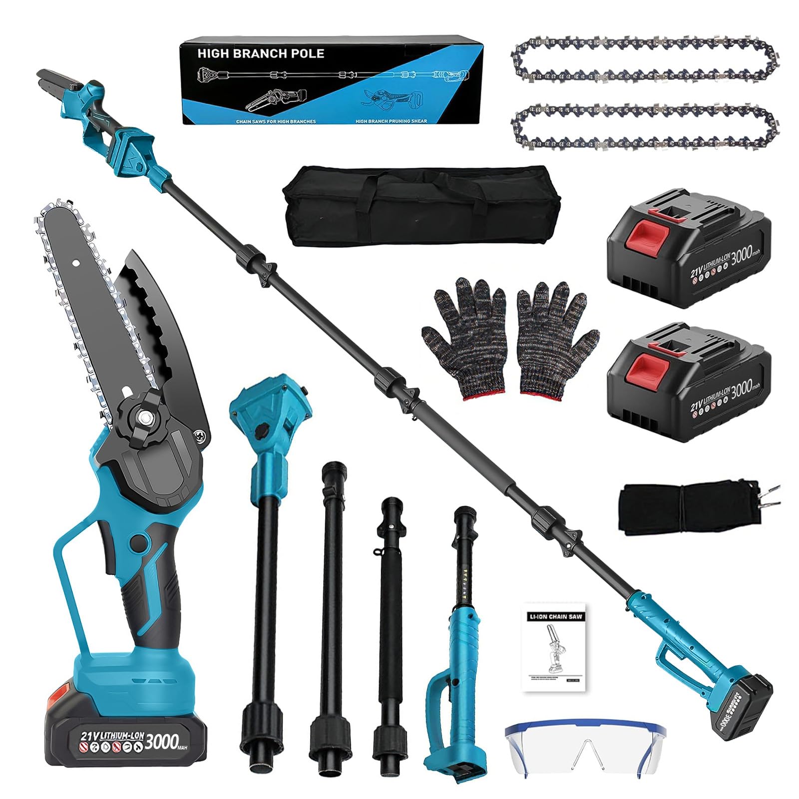 2 in 1 Cordless Pole Saw, 6 Inch Electric Telescopic Chainsaw with 4 Extension Pole (Max 8.5FT Reach), 180° Adjustable & 2x3.0Ah Batteries, Lightweight Pole Chainsaw for Tree Trimming & Branch Cutting