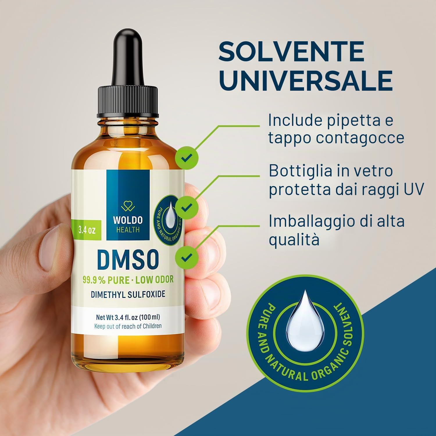 WoldoHealth DMSO 99,9% Dimetilsolfossido 100ml puro vetro ambrato con pipetta