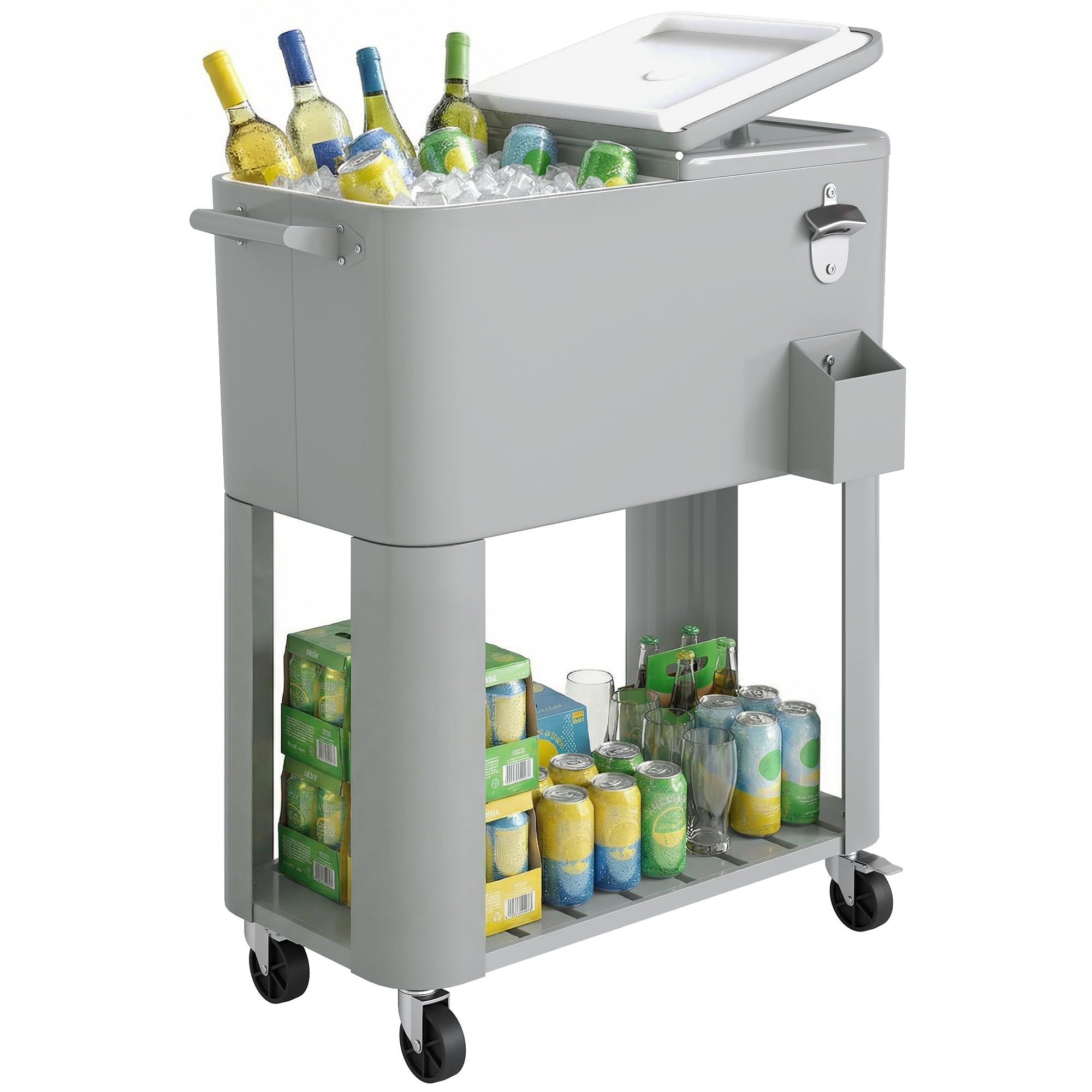 Outsunny Carrito Nevera de 76L con Ruedas, Carro de Bebidas con Estante, Abrebotellas, Recogetapas, Drenaje y 2 Asas, Mesa Nevera Jardín Exterior para Patio, Fiesta, BBQ, 92x39x81 cm, Plateado