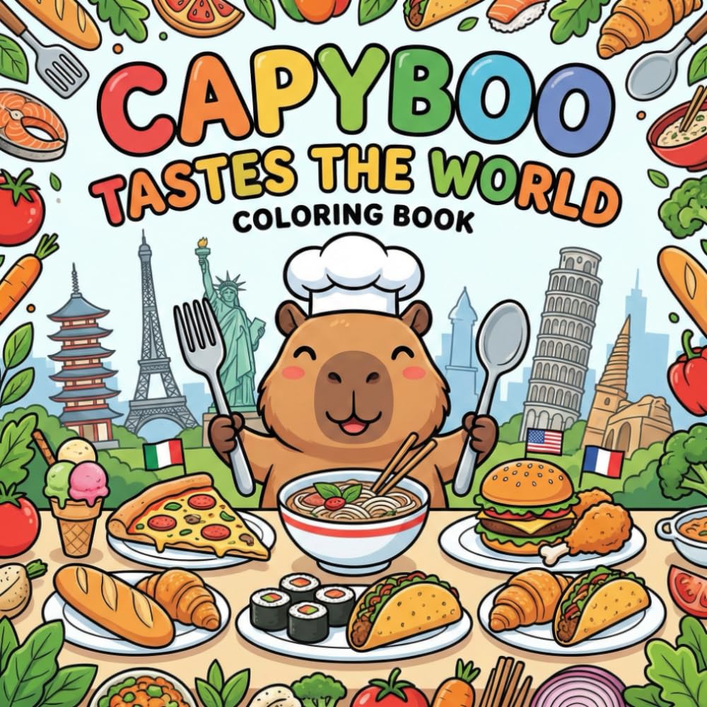 Capyboo Tastes the World Coloring Book: Join the Cute Capybara on a Delicious Journey to Discover Famous Snacks, Street Food, and International Cuisines (Capyboo Adventures)
