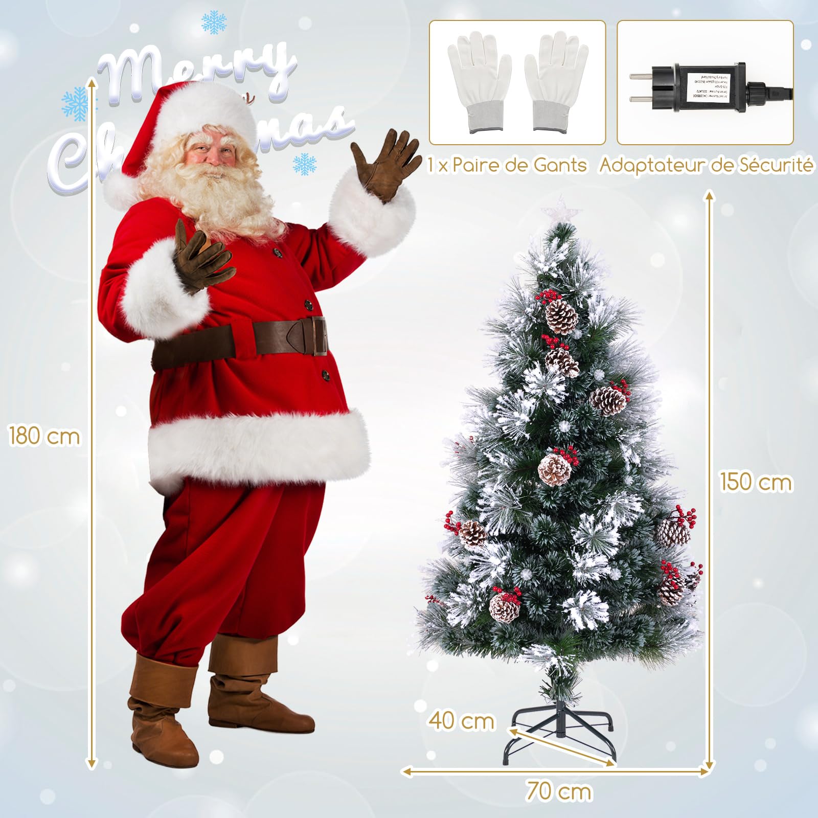 COSTWAY Sapin de Noël Floqué 150 cm, Sapin de Noël Artificiel Lumineux LED, 170 Pointes de Branches, 18 Grappes de Baies Rouges, 18 Pommes de Pin Naturelles, 49 Lumières LED, 8 Modes d'Eclairage