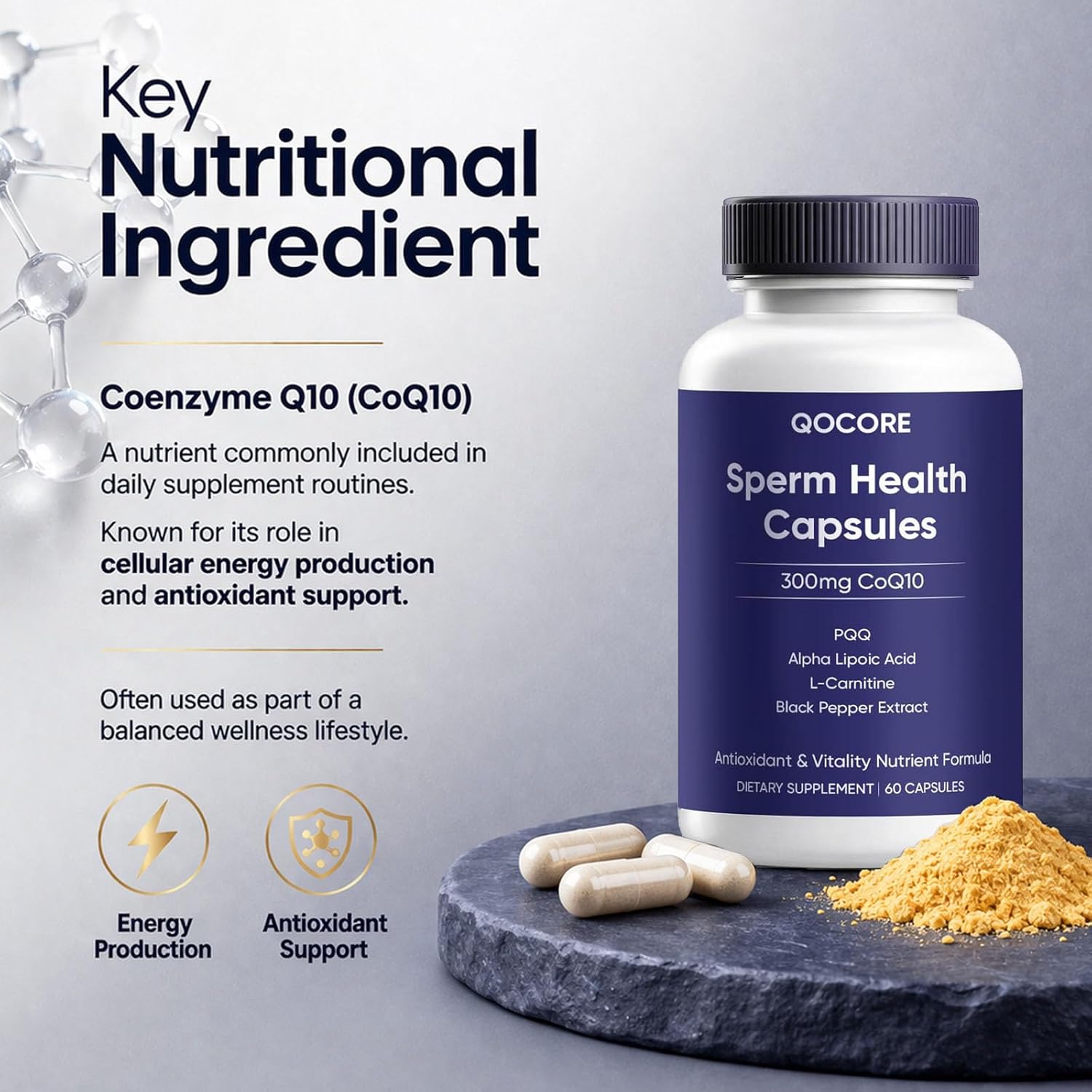 Qocore Men’s Reproductive Support Capsules with CoQ10, Antioxidant Formula, 60 Capsules