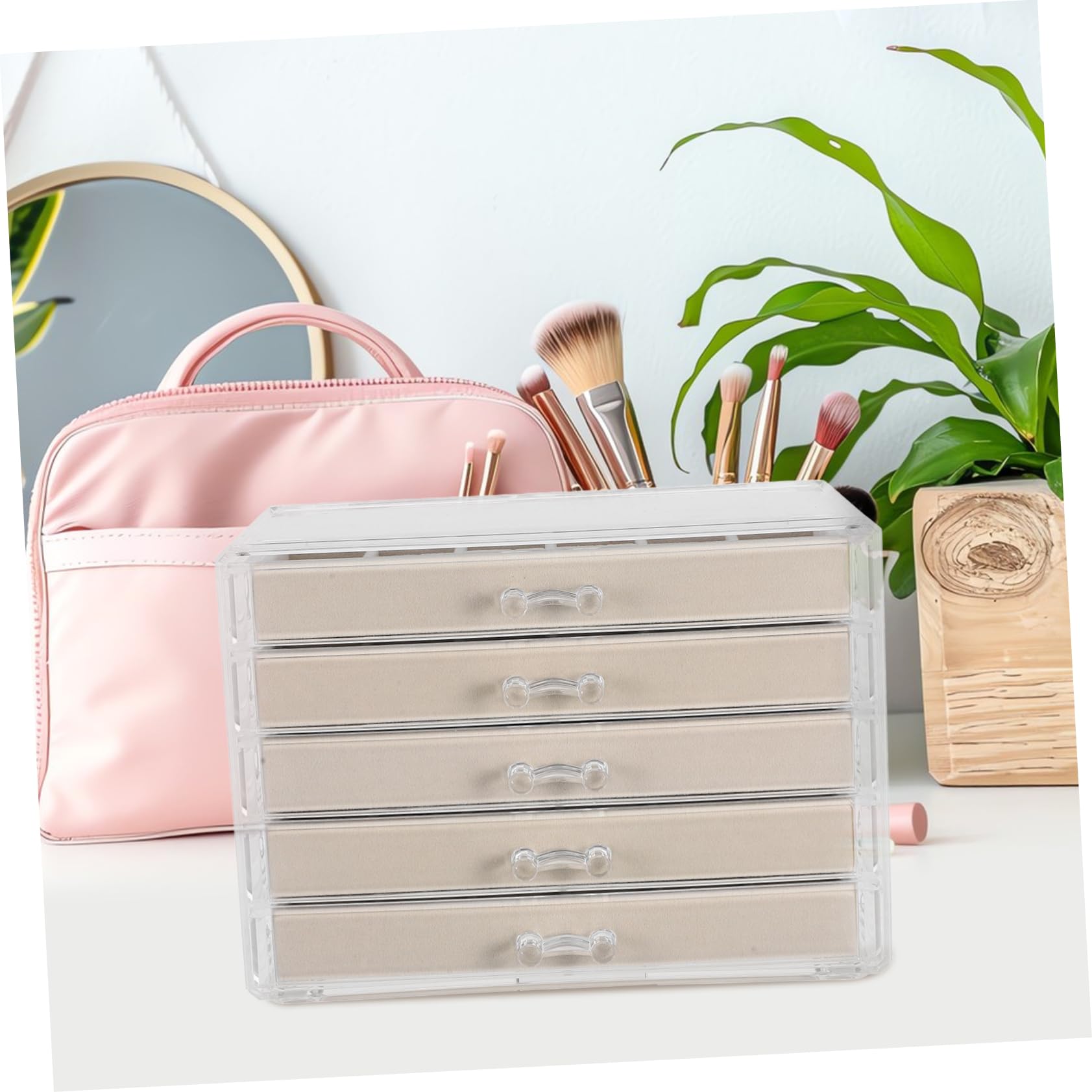 Portagioie in Acrilico con 5 Cassetti, Beige, Organizer | Struttura Multilivello, Grande Capacità, Design Raffinato e Minimale, Uso Multifunzione per Contenere Oggetti