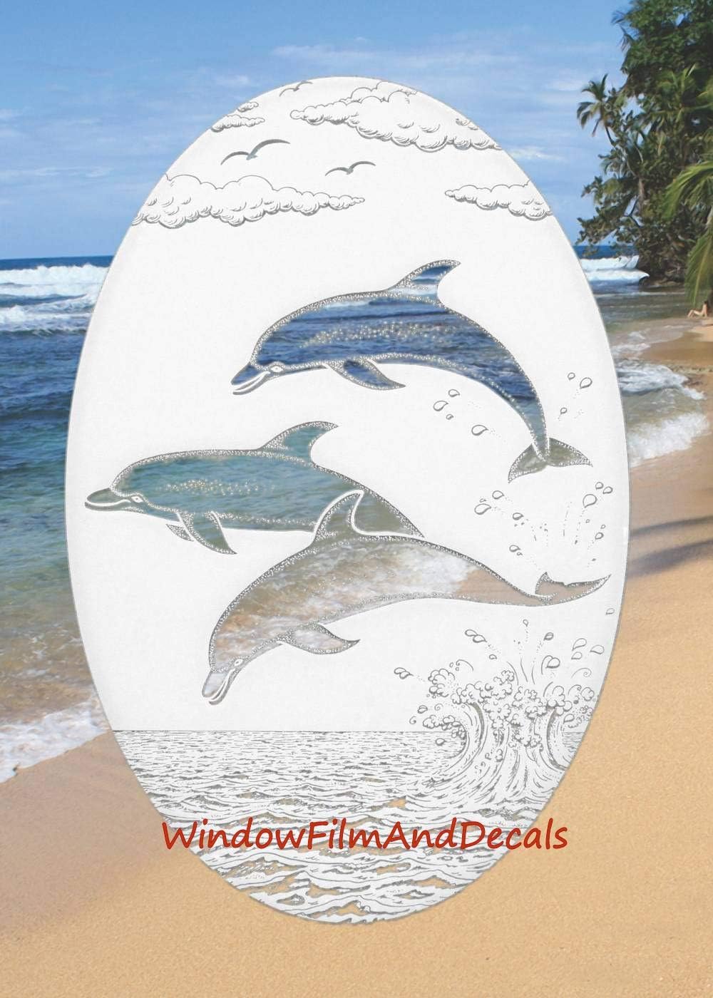 Dolphins Jumping Oval Etched Window Decal Vinyl Glass Cling - 15" x 23" - White with Clear Design Elements