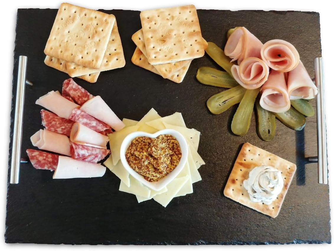 Large Slate Cheese Board Plate Serving Tray Platter with Stainless Steel Handles 16"x12" (40 x 30 cm)