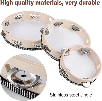 3 Pack Tambourine for Adults Hand Held Wood Single Row Tambourine Metal Jingles Musical Educational Instrument Rhythm Percussion for KTV, Party, Church (6 Inch+8 Inch+10 Inch)