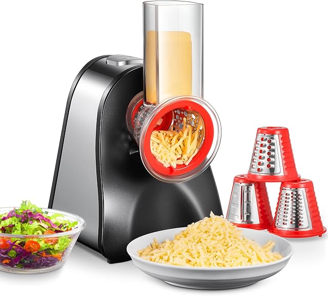 FOHERE Electric Cheese Grater 150W Electric Grater for Fruit and Vegetables, Multi Salad Maker with 4 Interchangeable Cones Ideal for Cheese, Cucumber, Carrot