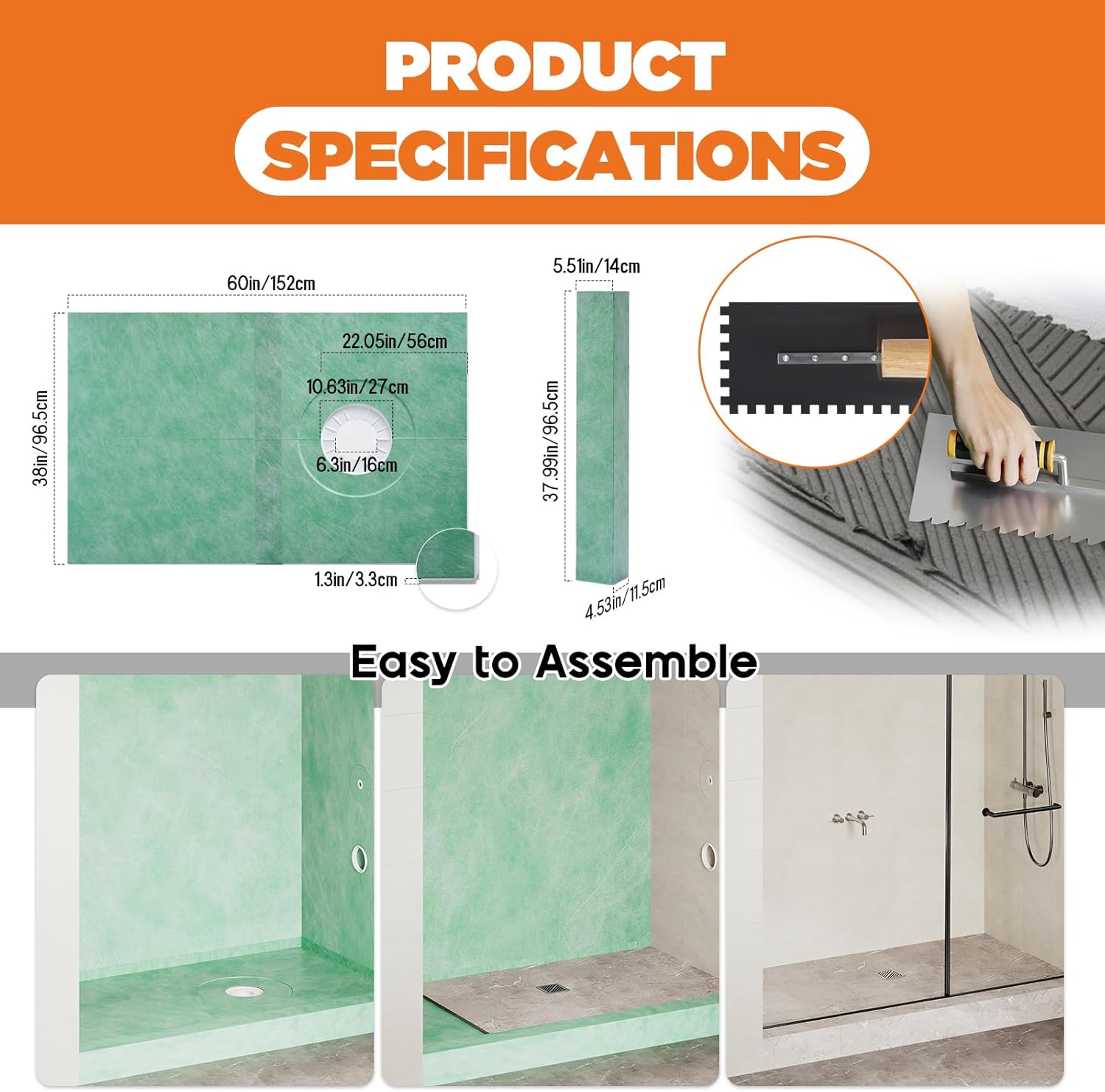 Albott Shower Curb Kit, Complete Shower System with 38" x 60" Tray Featuring Off-Center Drain, Includes Curb, Membrane, Seals, Corners, Bonding Flange, Trowel & Level