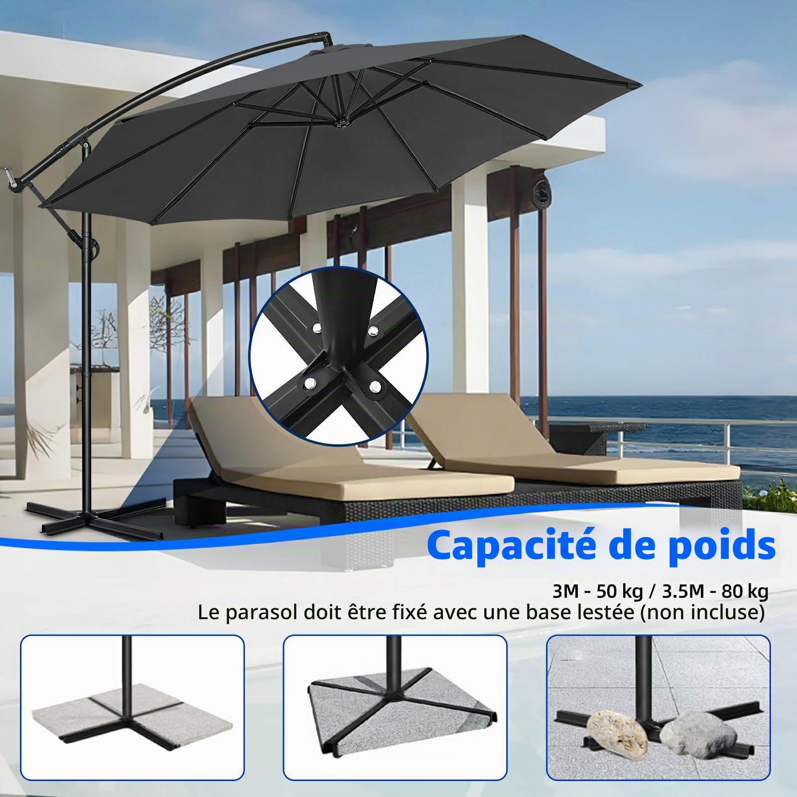 Parasol de Jardin Exterieur Déporté -Protection UV et Imperméable-Parasol Balcon avec Manivelle、Fonction 360°,Inclinable,Protection UV, Résistant au Vent, 8 Baleines en Acier
