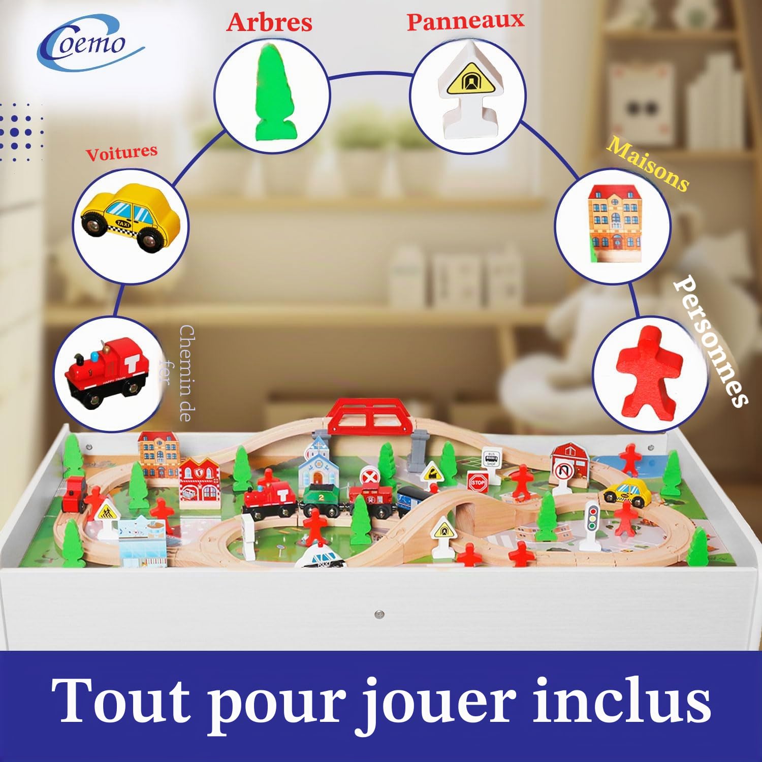 Coemo Table de jeu avec chemin de fer en bois - 91 pièces - Table multifonction pour les enfants - Pour jouer, bricoler, construire et améliorer la motricité - Superbe cadeau