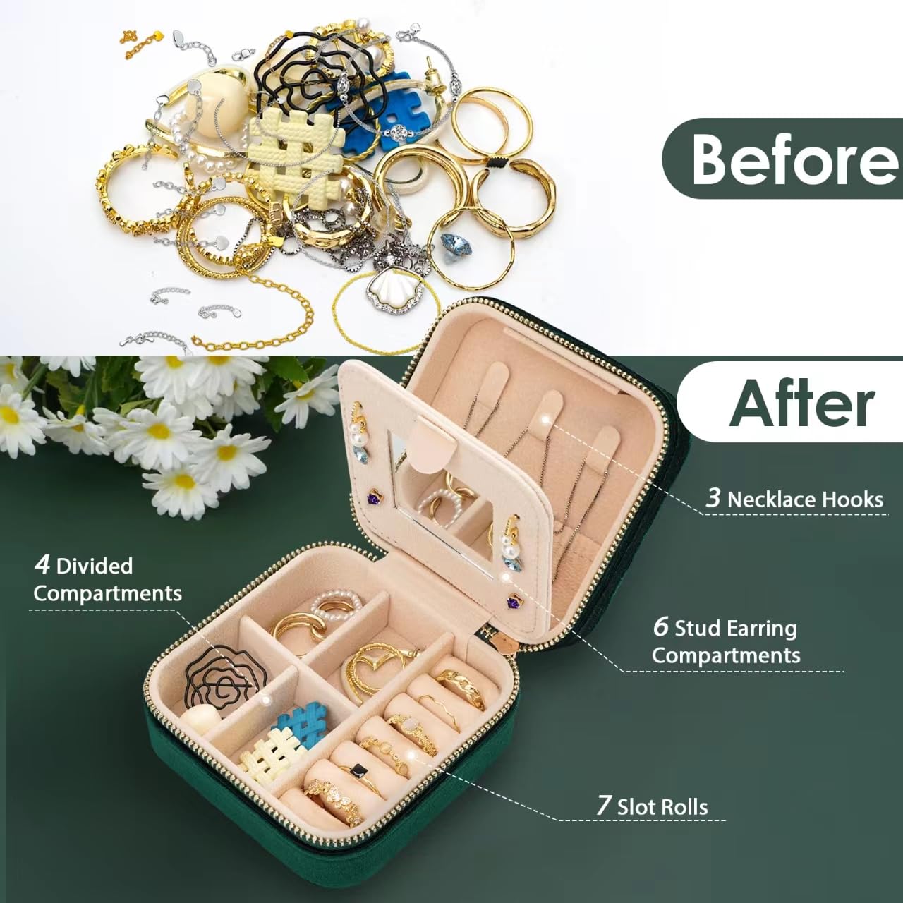 Focuschic Small Jewelry Boxes for Traveling, Plush Velvet Jewelry Travel Orgnizer for Women, Travel Jewelry Case with Mirror for Earring Rings and Necklace Gift for Woman