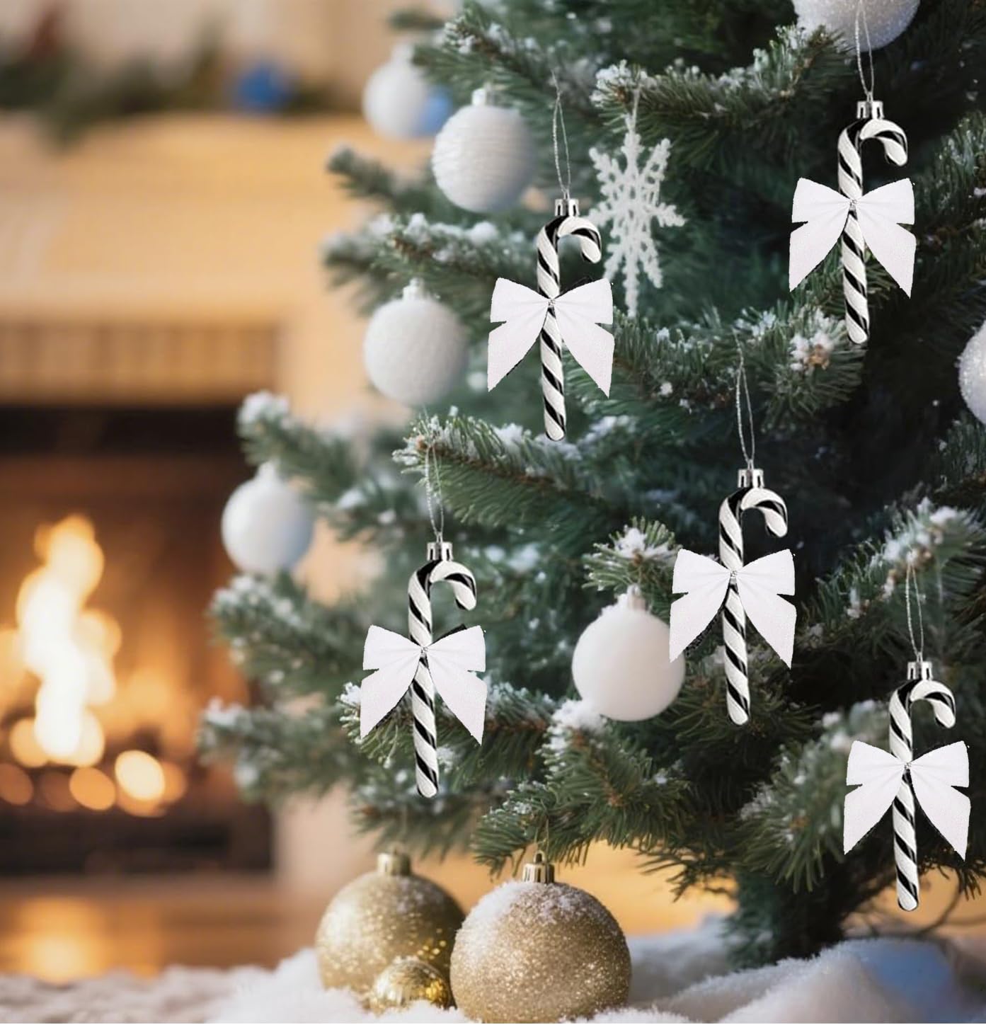 Bastones de Caramelo de Navidad con Purpurina Lazo Colgante para Árbol Navidad (Blanco) 24 Piezas