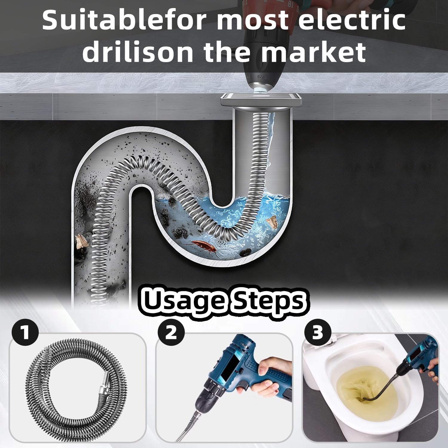 Sonda Sturatubi per Trapano,Kit 3 Pulitori a Spirale per Tubi 10 mm, 1m/2m/4m, Sturatubi Flessibile per Lavandini e WC,per Trapano Adattatore Elettrico Manuale Ostruzioni Ostinate Rimuove Capelli