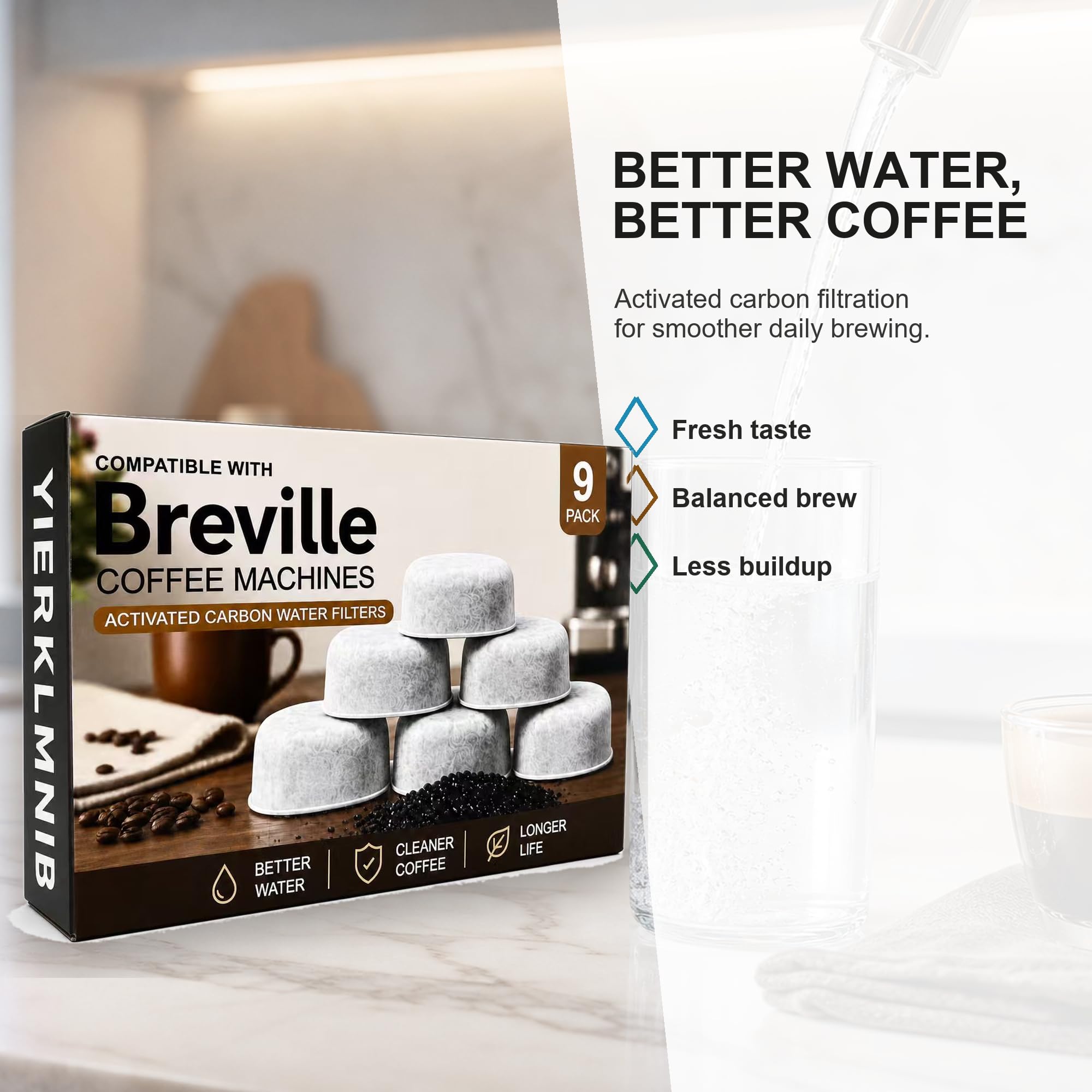 Confezione da 9 filtri per acqua al carbone compatibili con Breville BWF100, filtro per macchina da caffè, filtri dell'acqua di ricambio per macchine da caffè espresso