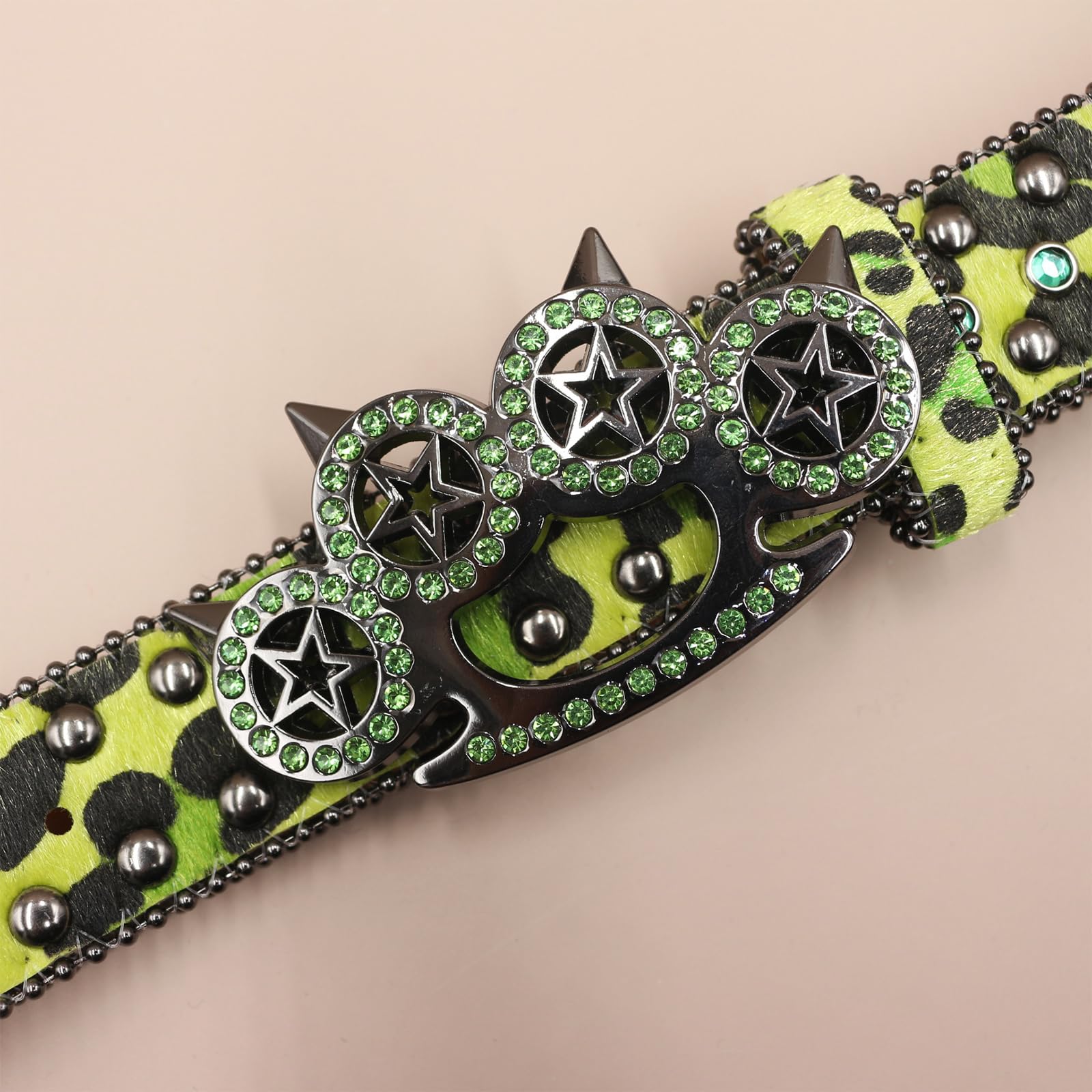 Ledergürtel für Damen, bedrucktes Muster, Westerngürtel für Damen und Herren, glänzende Katzenkralle, hohle Strass-Nietenschnalle (125 cm/49 Silber)