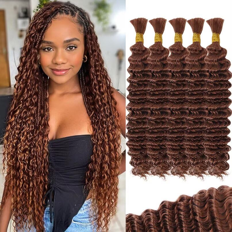 12A #30 Auburn Brown Human Braiding Hair for Boho Braids 5 Bundles 22 Inch 160g Deep Wave Braiding Hair for Bohemian Knotless Braids 100% Unprocessed Virgin Bulk Hair Extensions No Weft